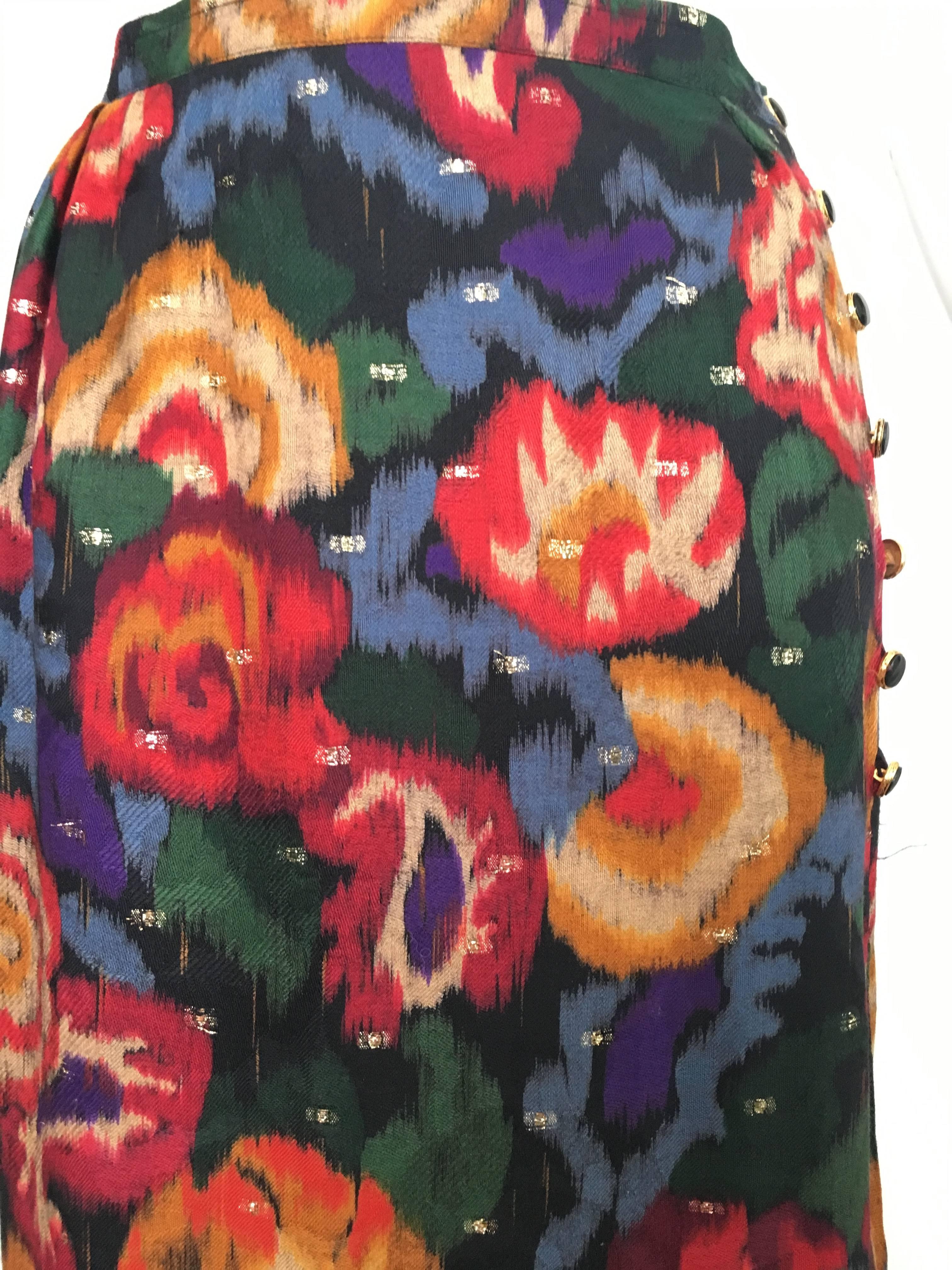 Black Emanuel Ungaro Parallele Paris 1980s Wool / Silk Long Floral Skirt Size 4/6. For Sale