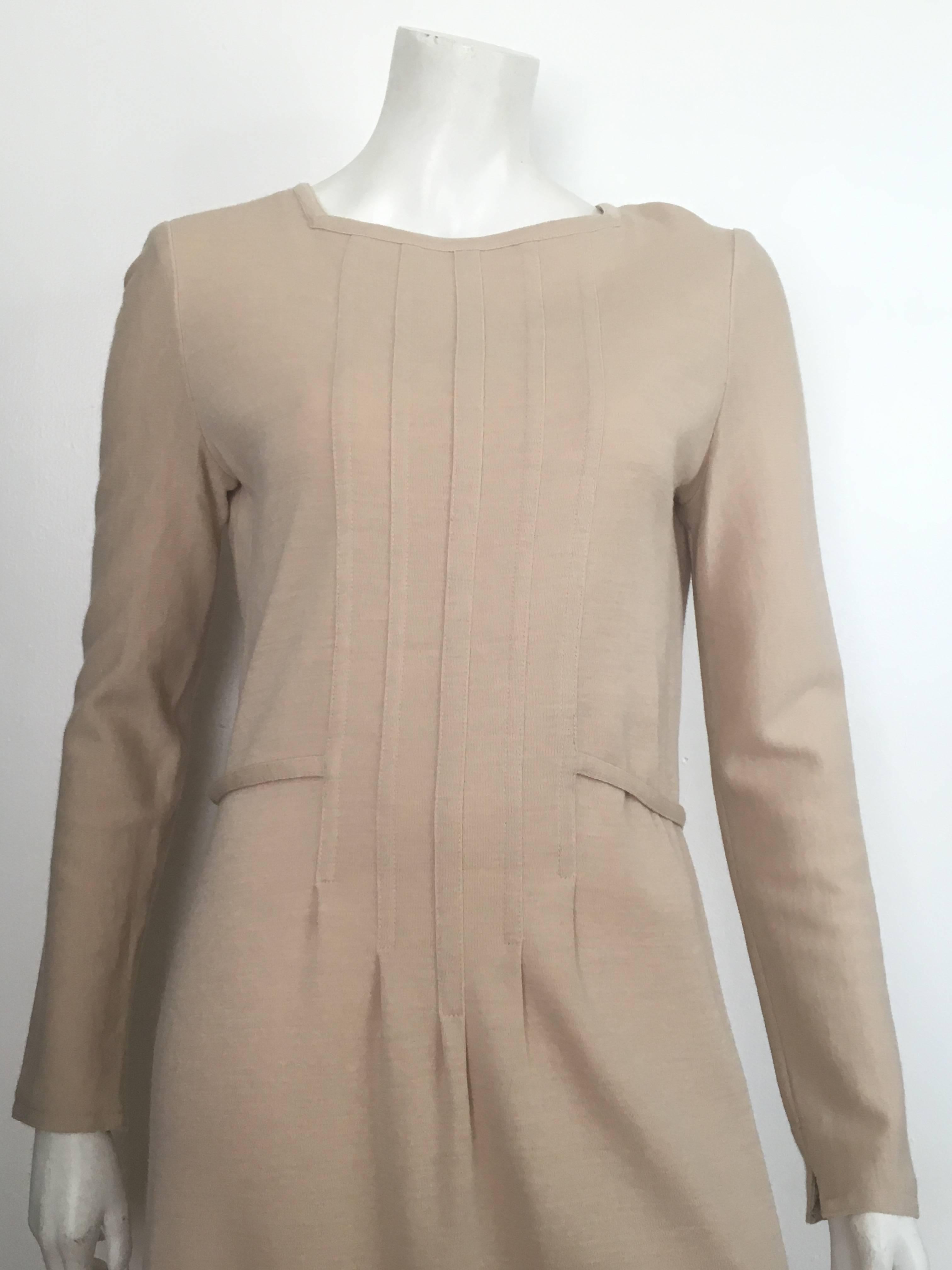Geoffrey Beene Boutique 1970s Wool Knit Tan Long Sleeve Dress Size 8. For Sale 1