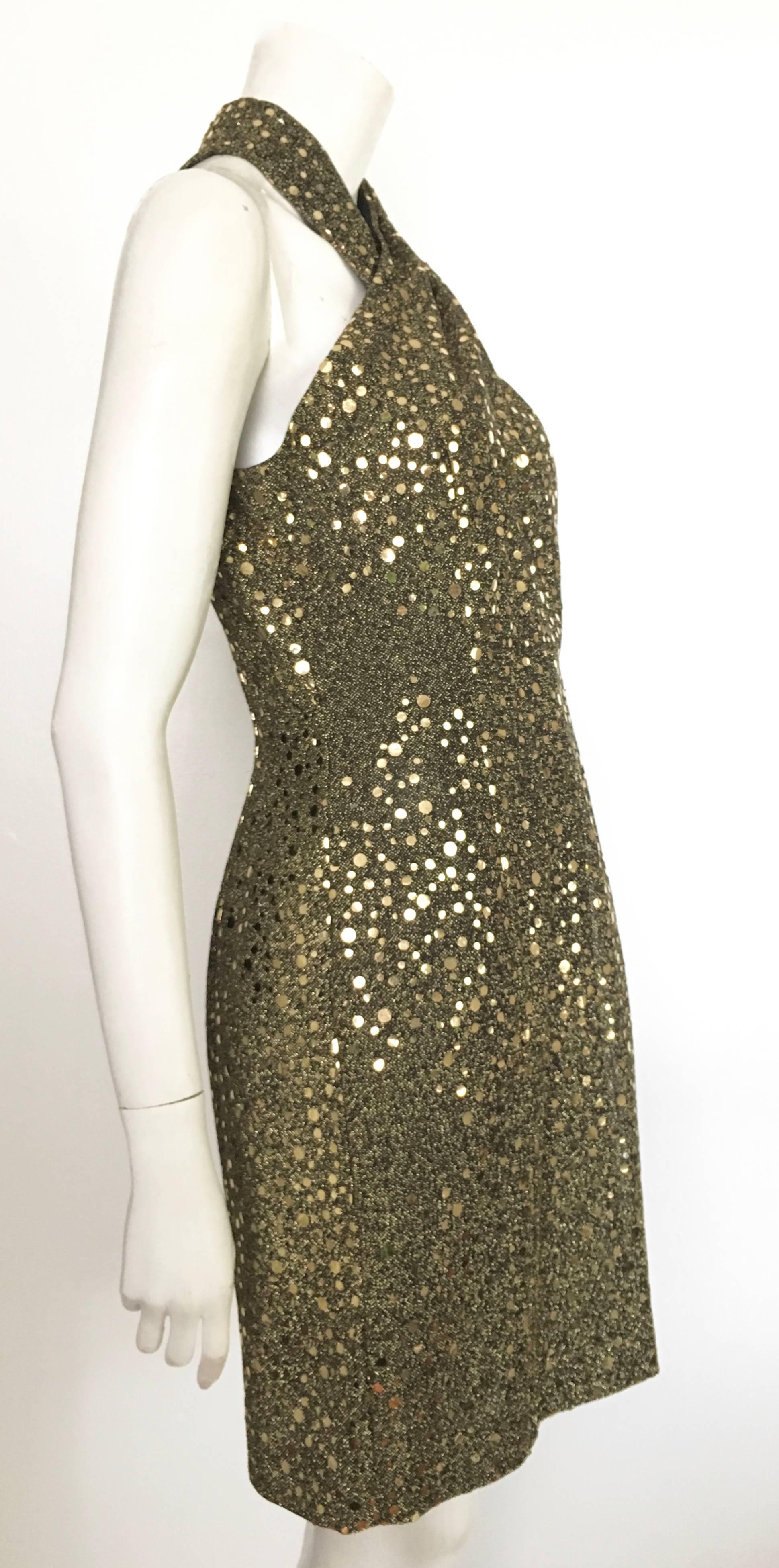 Brown Morton Myles 1980s Gold Sequin Cocktail Dress Size 6. For Sale