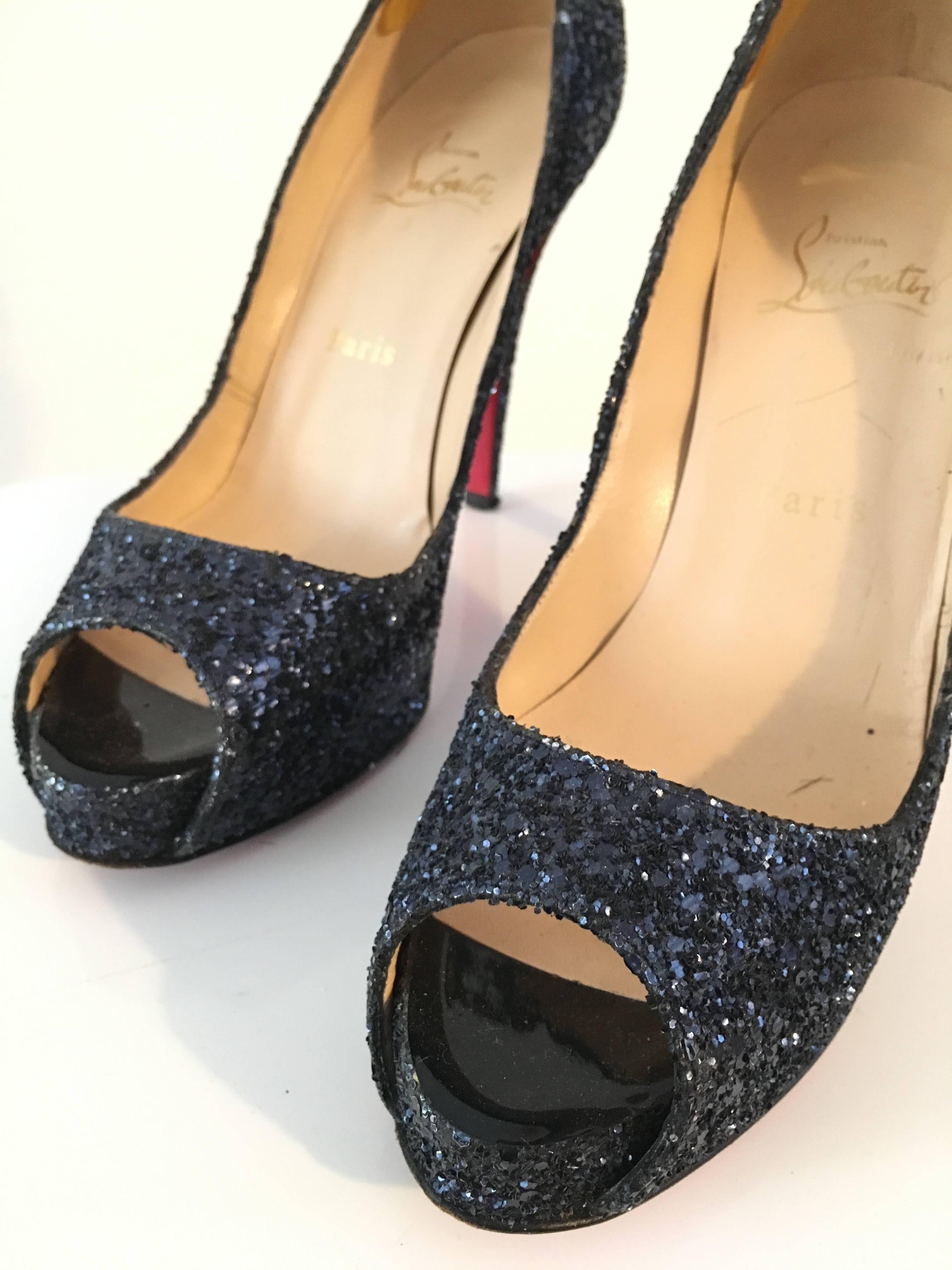 Louboutin Navy Glitter Peep Toe Platform High Heels Size 37. 1/2 4