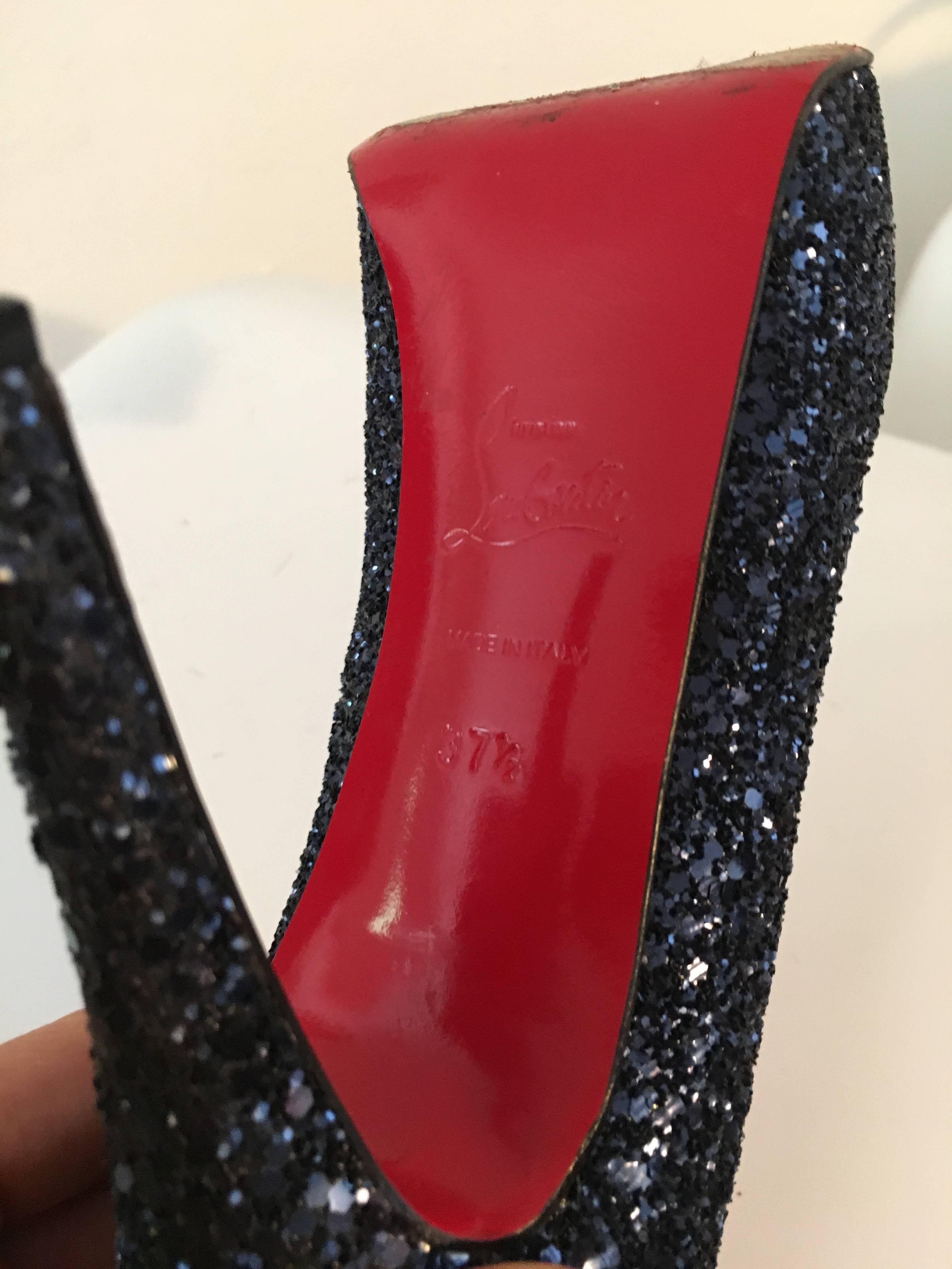 Louboutin Navy Glitter Peep Toe Platform High Heels Size 37. 1/2 8
