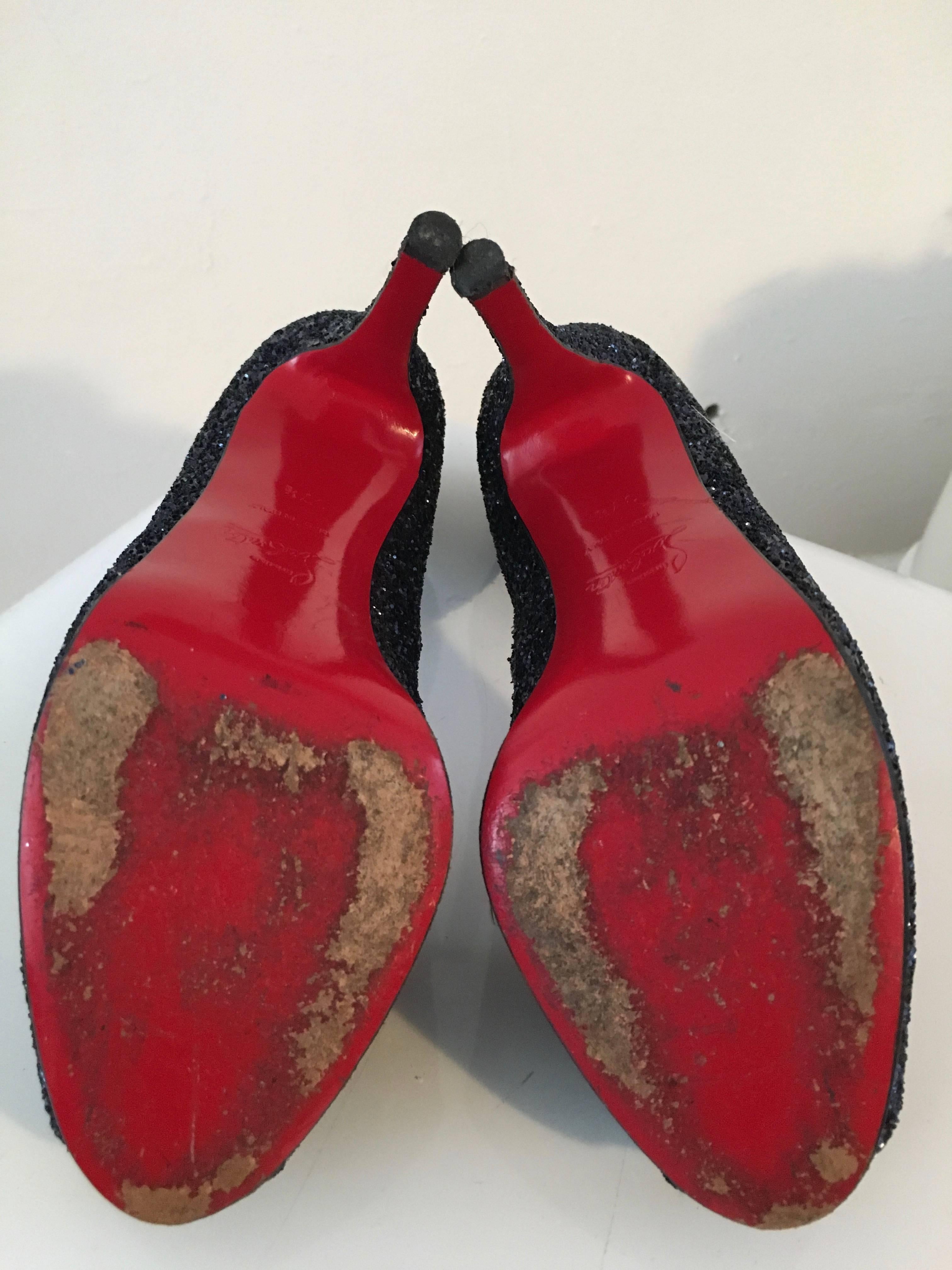 Louboutin Navy Glitter Peep Toe Platform High Heels Size 37. 1/2 6