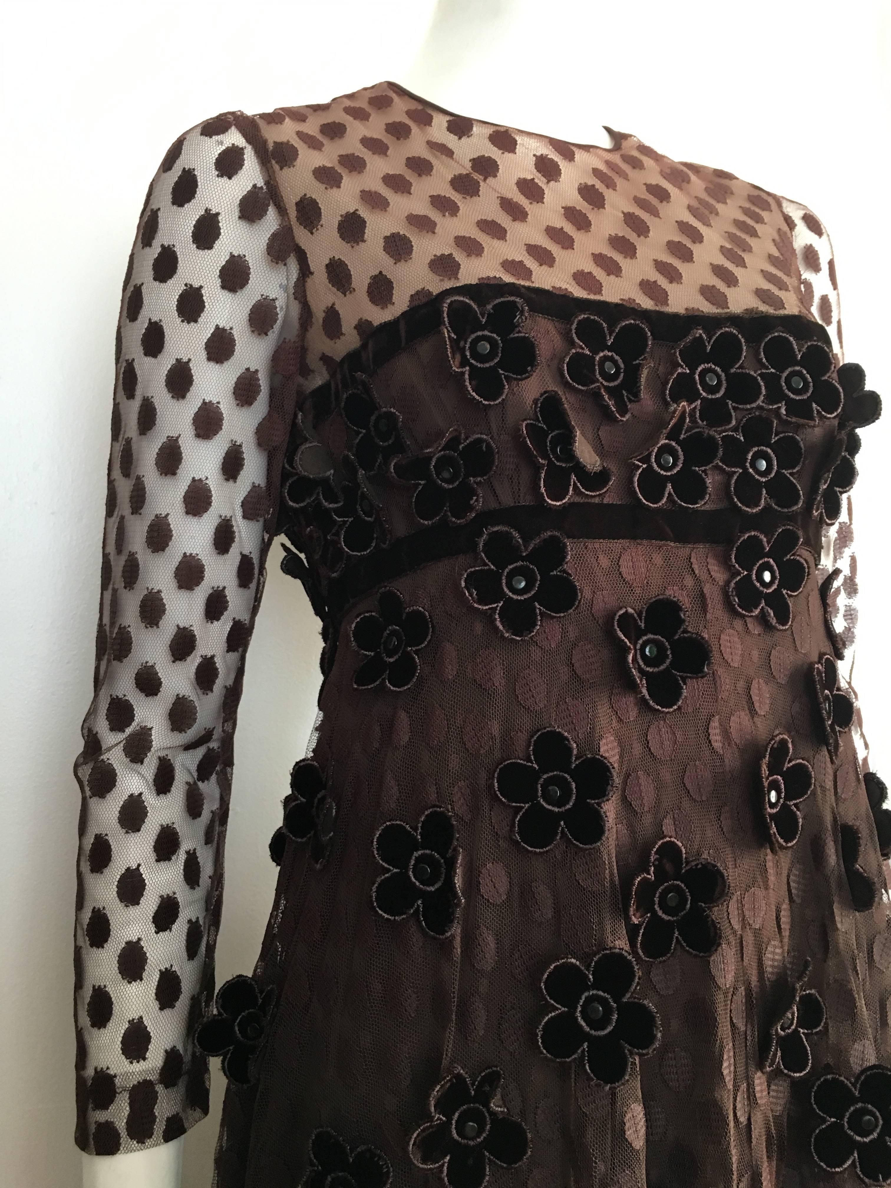 Black Brown Maxi Empire 1960s Layered Dress with Velvet Flowers Size 8 / 10. For Sale