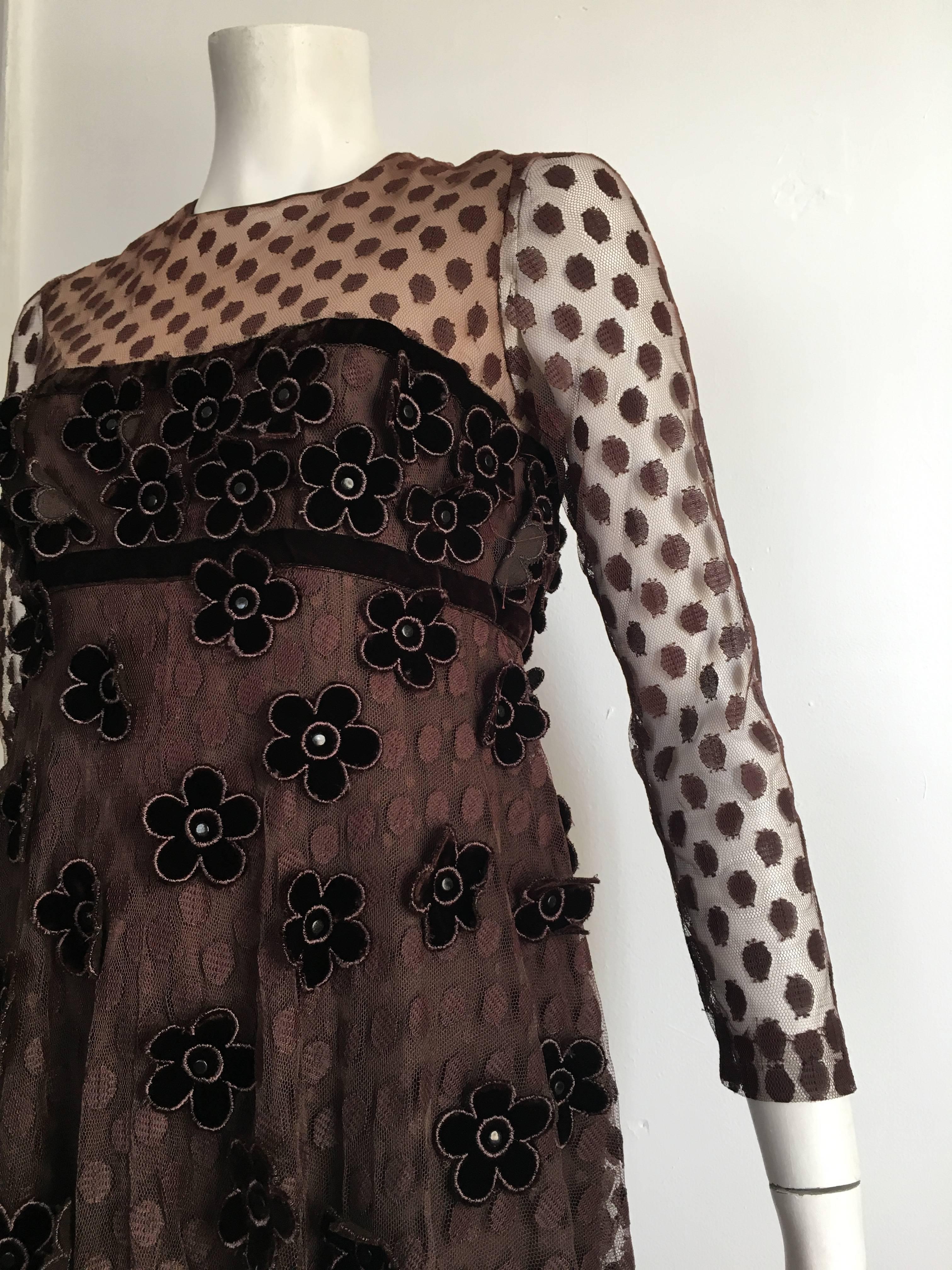 Women's or Men's Brown Maxi Empire 1960s Layered Dress with Velvet Flowers Size 8 / 10. For Sale