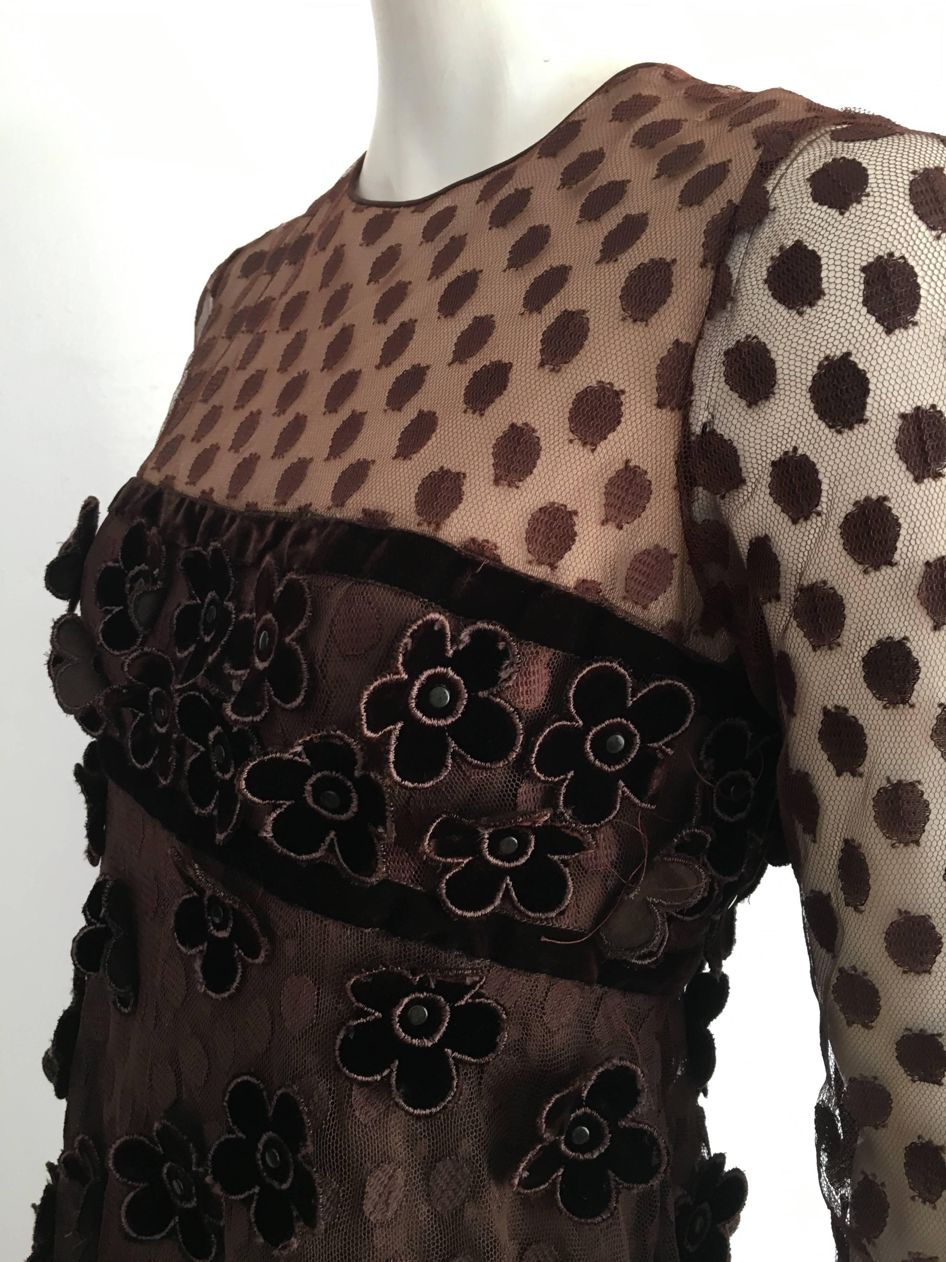 Brown Maxi Empire 1960s Layered Dress with Velvet Flowers Size 8 / 10. For Sale 11