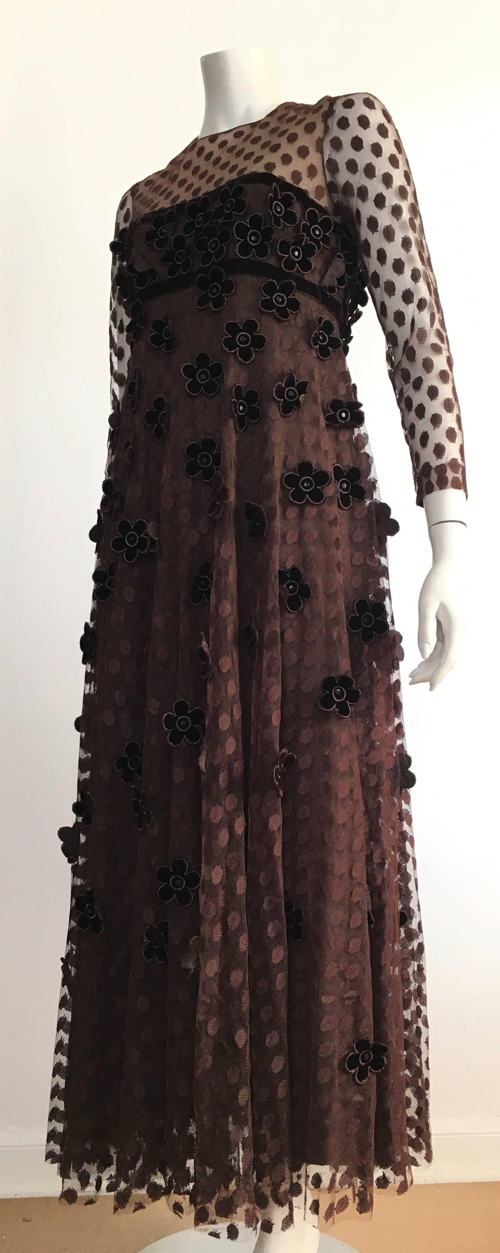 Brown Maxi Empire 1960s Layered Dress with Velvet Flowers Size 8 / 10. For Sale 6