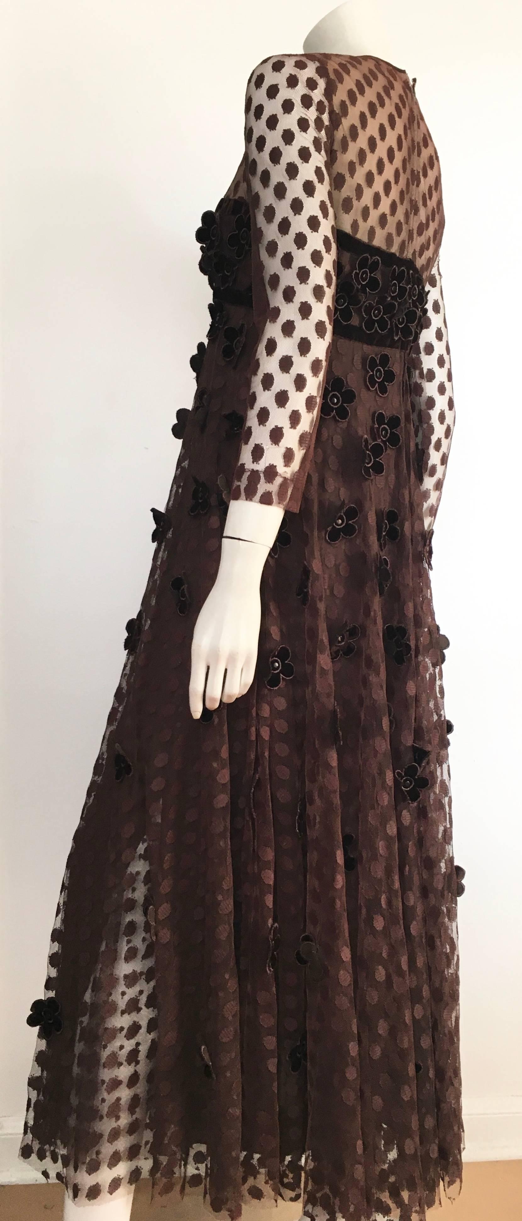 Brown Maxi Empire 1960s Layered Dress with Velvet Flowers Size 8 / 10. For Sale 8