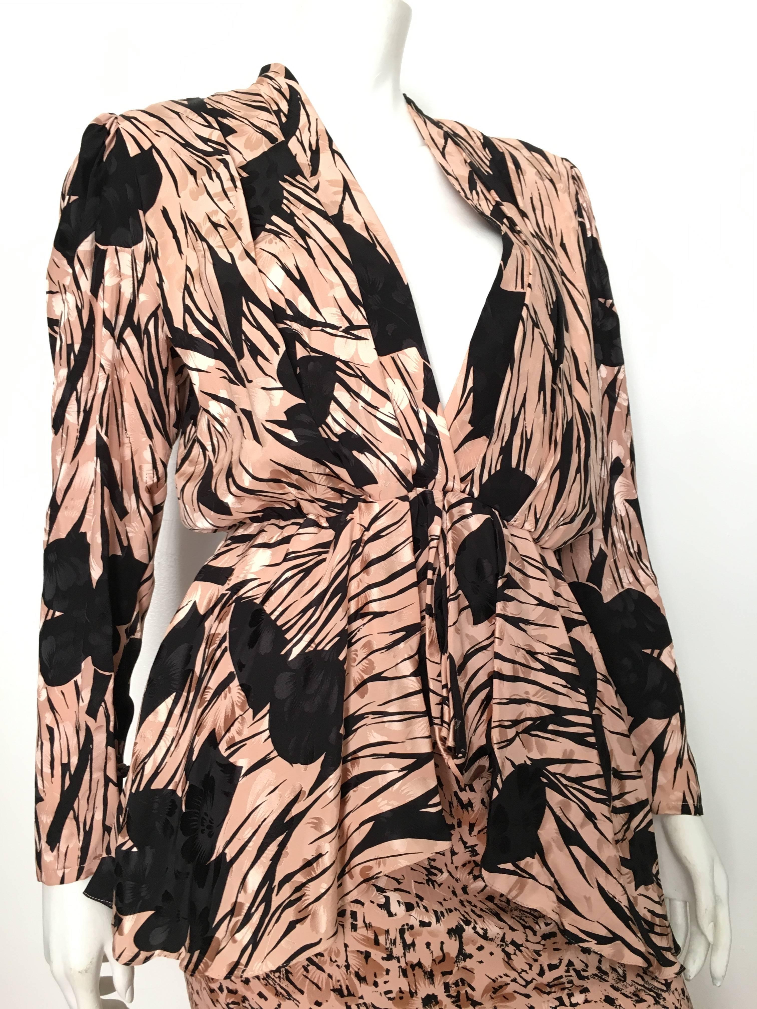 Saint Romei for Neiman Marcus 1980s silk dress is a size 6.  The waist on this dress has an elastic band and is 26
