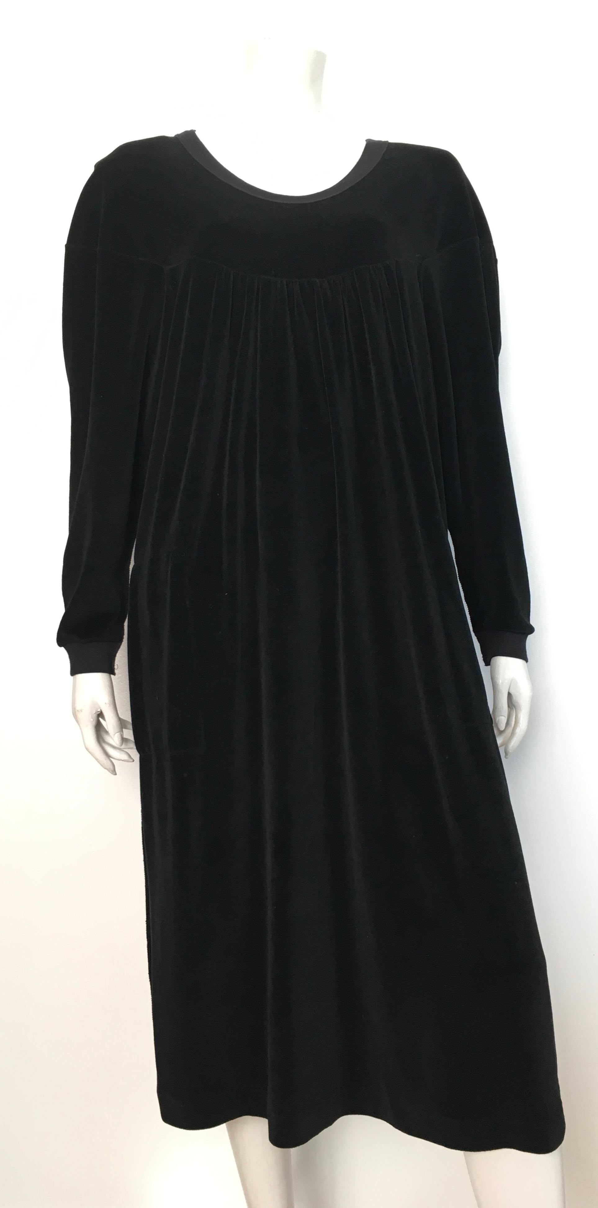 Sonia Rykiel 1980s black cotton velour baggy dress with pockets & matching cardigan is a size large. This dress & cardigan were designed to be a baggy fit, a flowing fit.  Stitching is a reverse stitch that became synonymous with the Sonia Rykiel