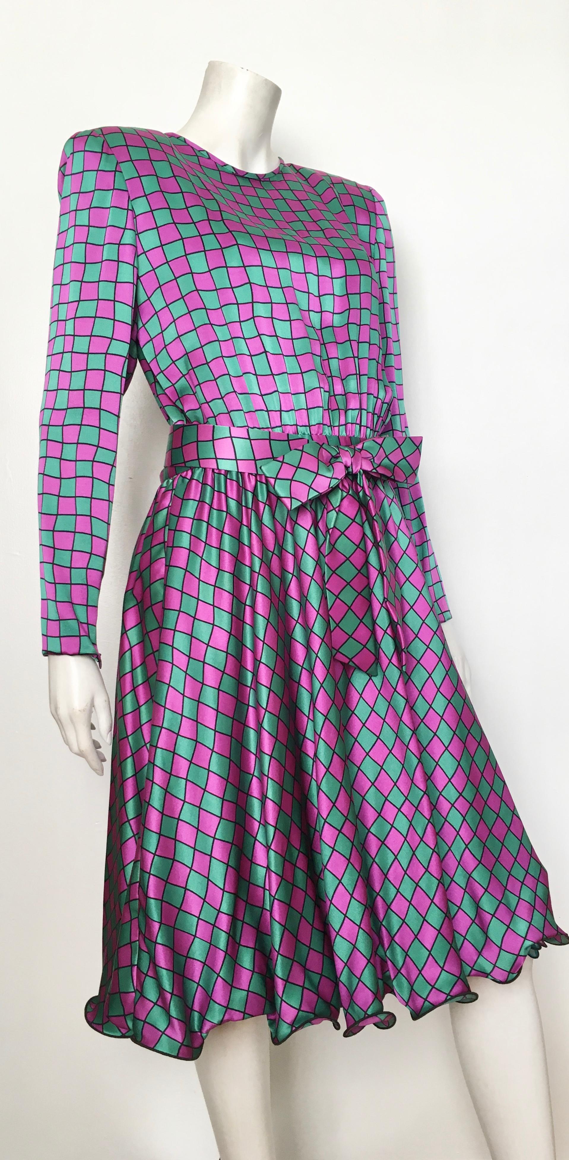 Stanley Platos & Martin Ross for Neiman Marcus 1980s silk squared pattern evening cocktail dress with belt is labeled a size 12 but fits like a modern size 6.  The waist on this dress is 30