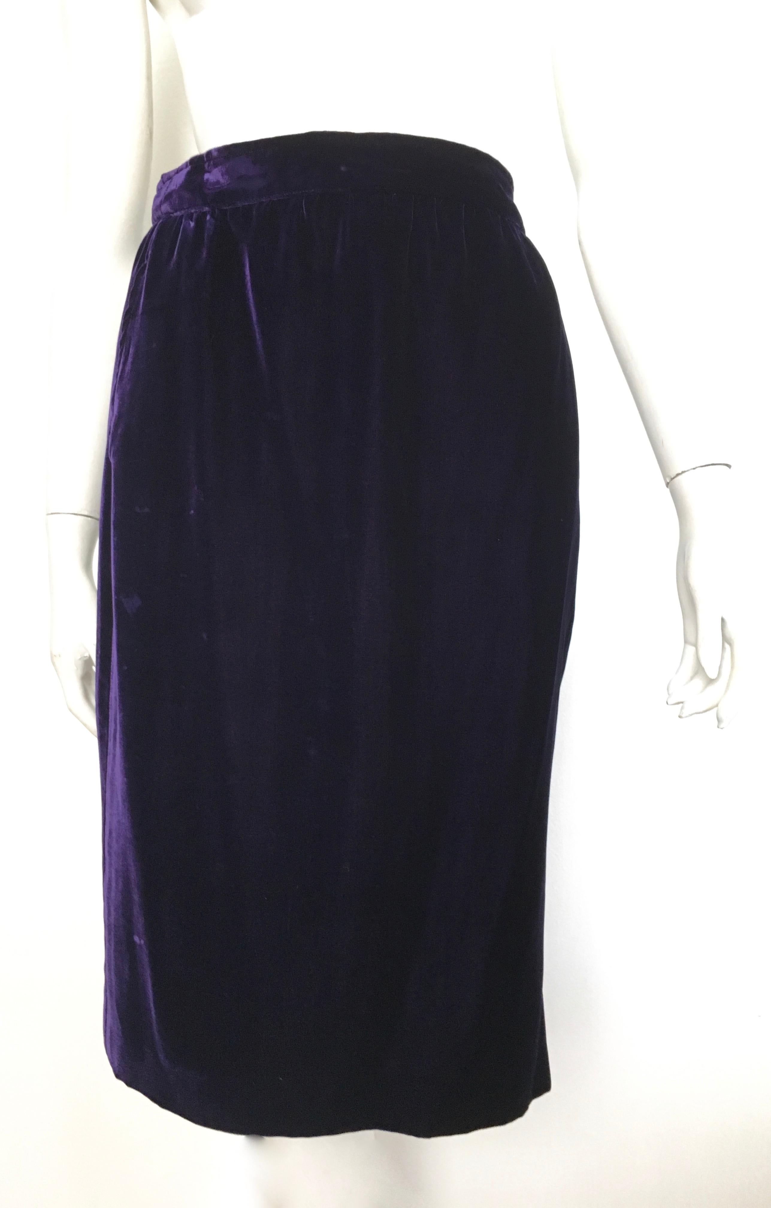 Emanuel Ungaro Parallele Paris 1980s royal purple velvet long skirt with pockets is labeled a size 12 but fits like a modern size 4.  The waist on this skirt is 28
