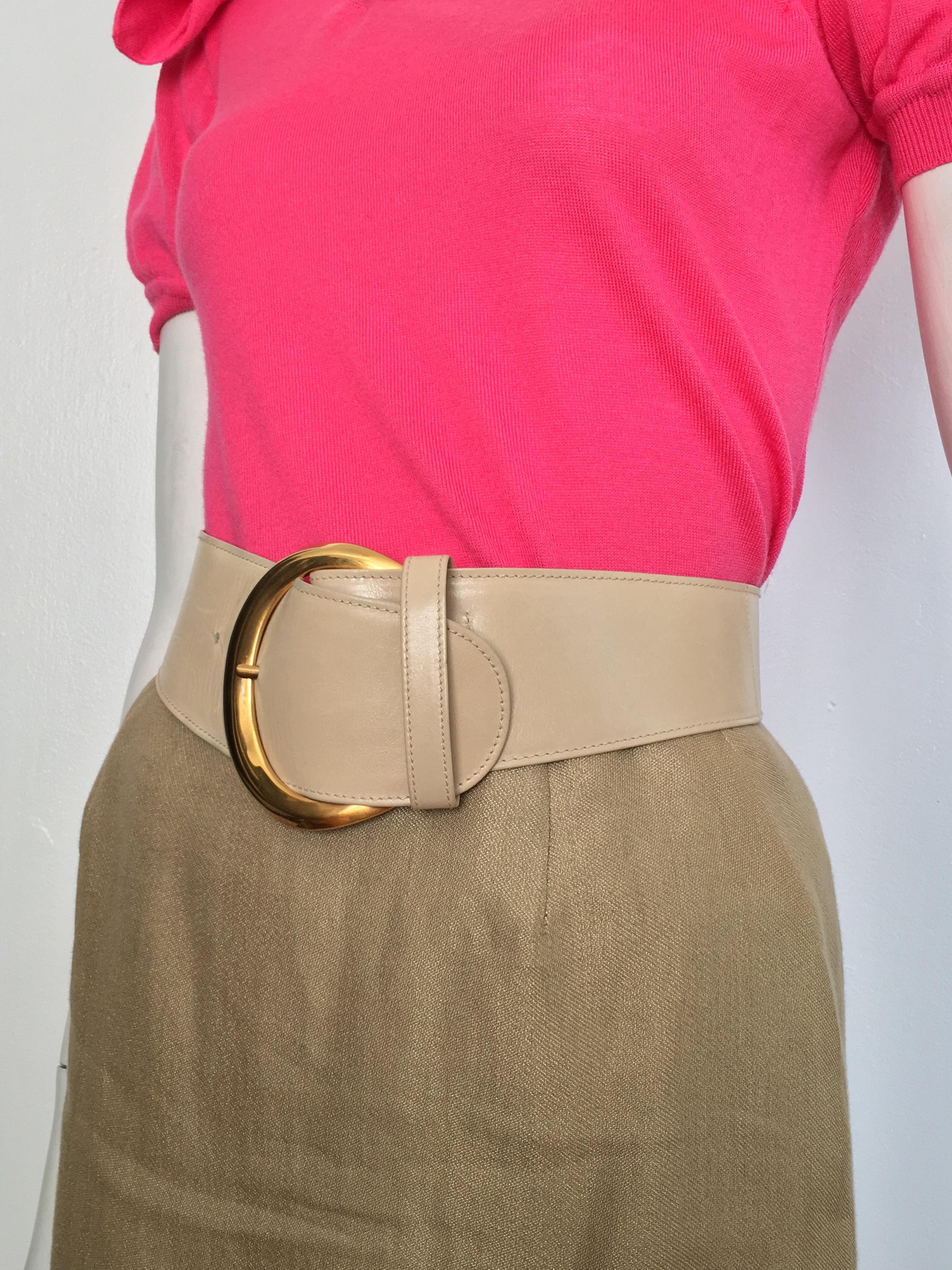 Donna Karan Cream Leather Belt with Brass Buckle, 1990s  4