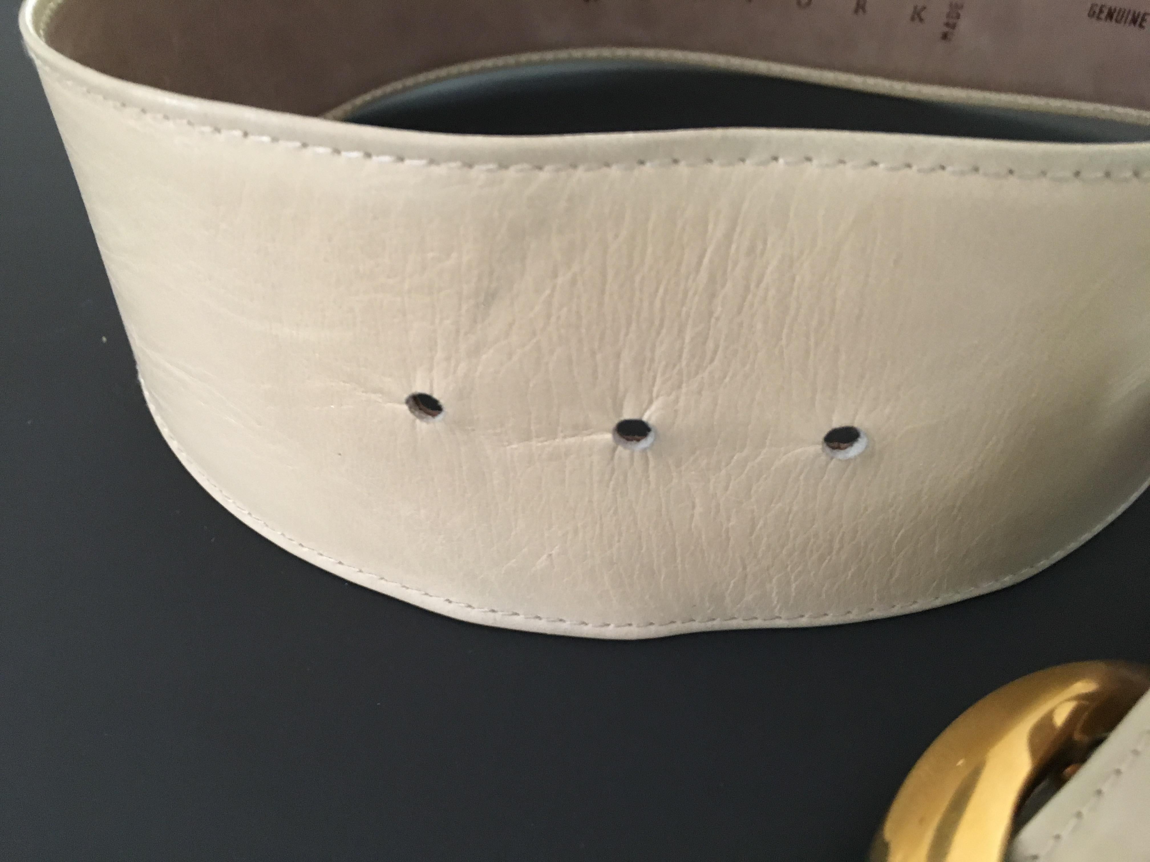 Donna Karan Cream Leather Belt with Brass Buckle, 1990s  1