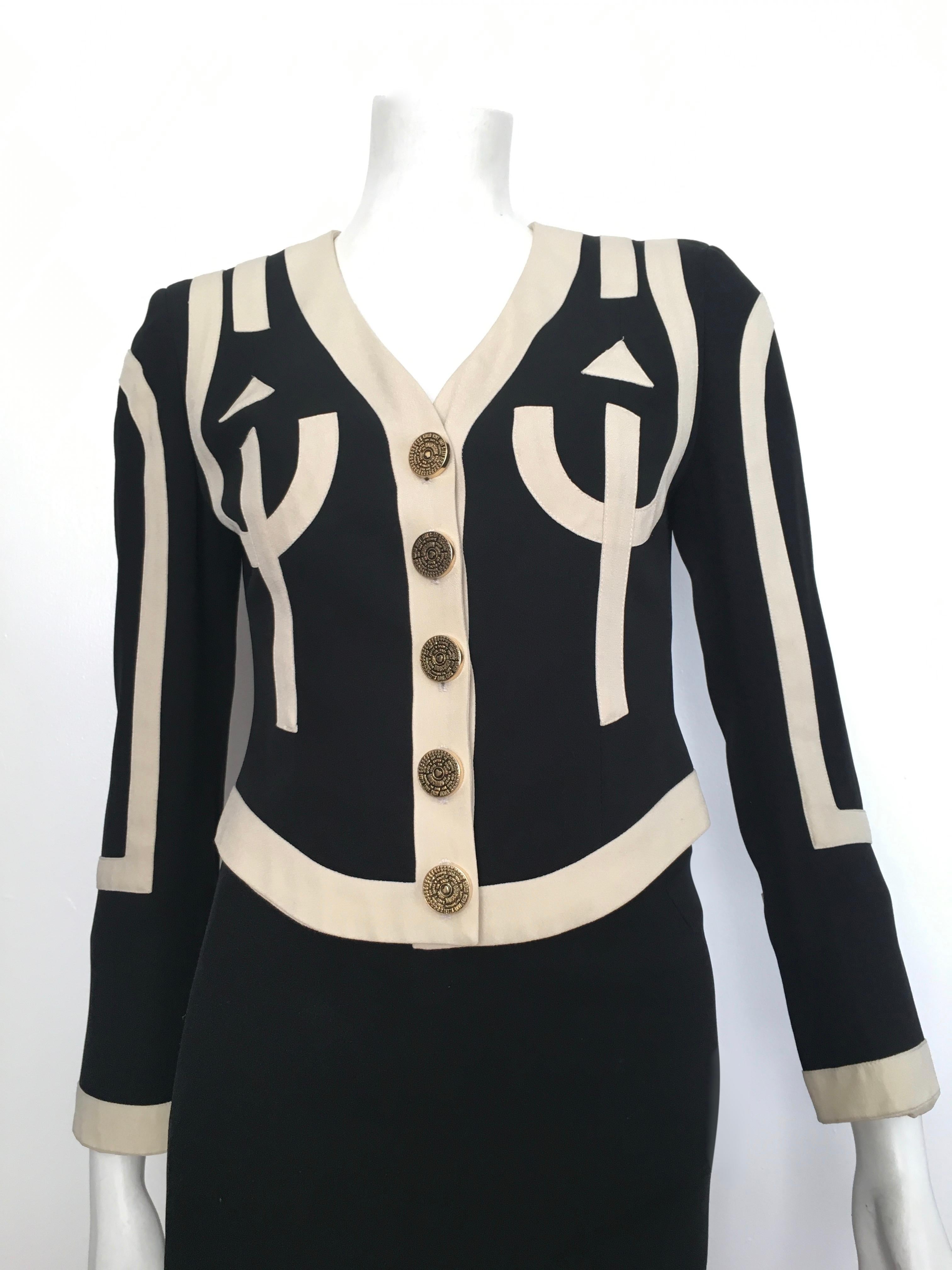 Moschino 1990s Black & Cream Jacket & Skirt Suit Size 4. In Good Condition For Sale In Atlanta, GA