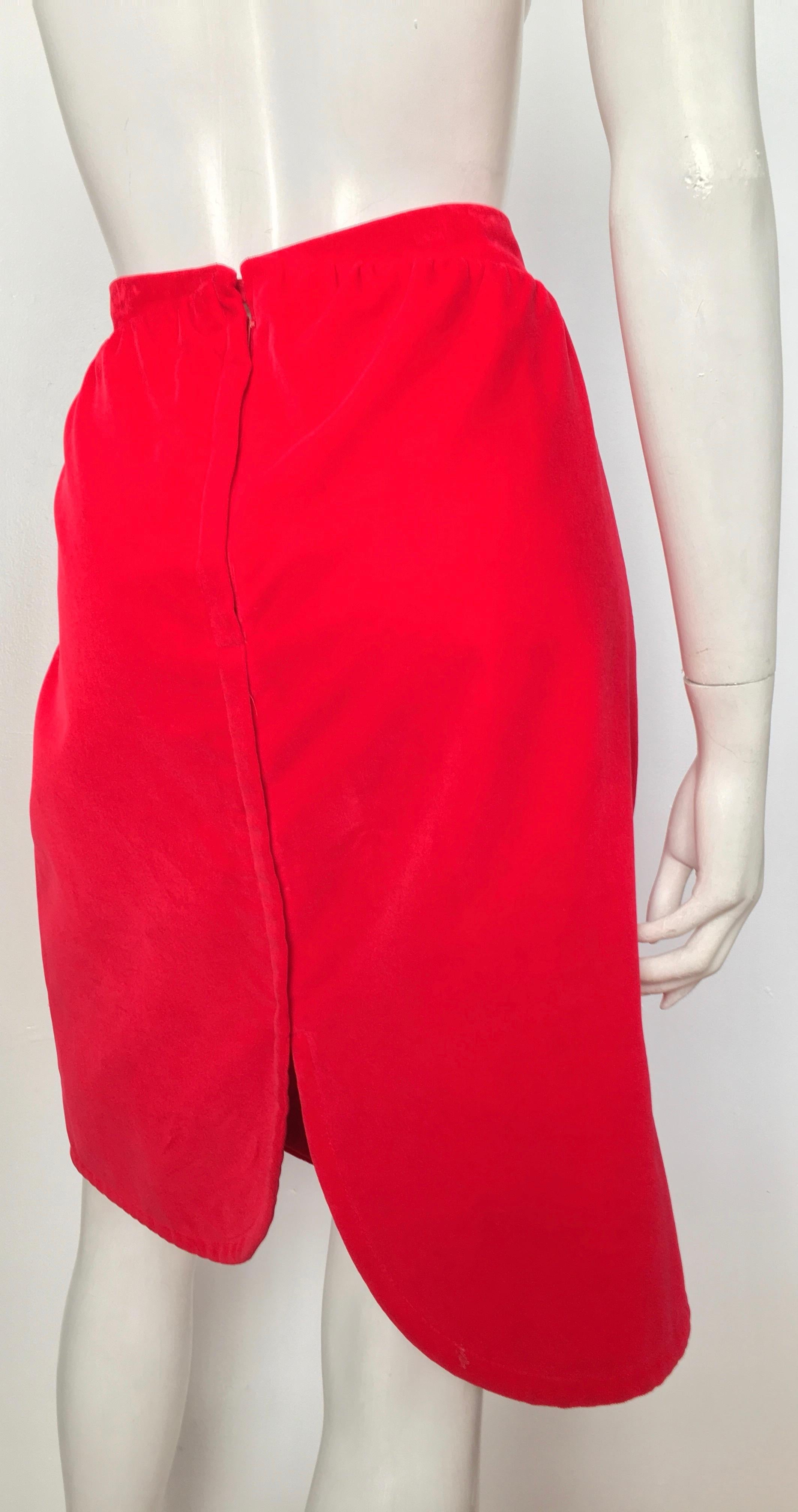 Women's or Men's Courreges Paris 1980s Red Cotton Velvet Skirt Size 8 / 10.  For Sale