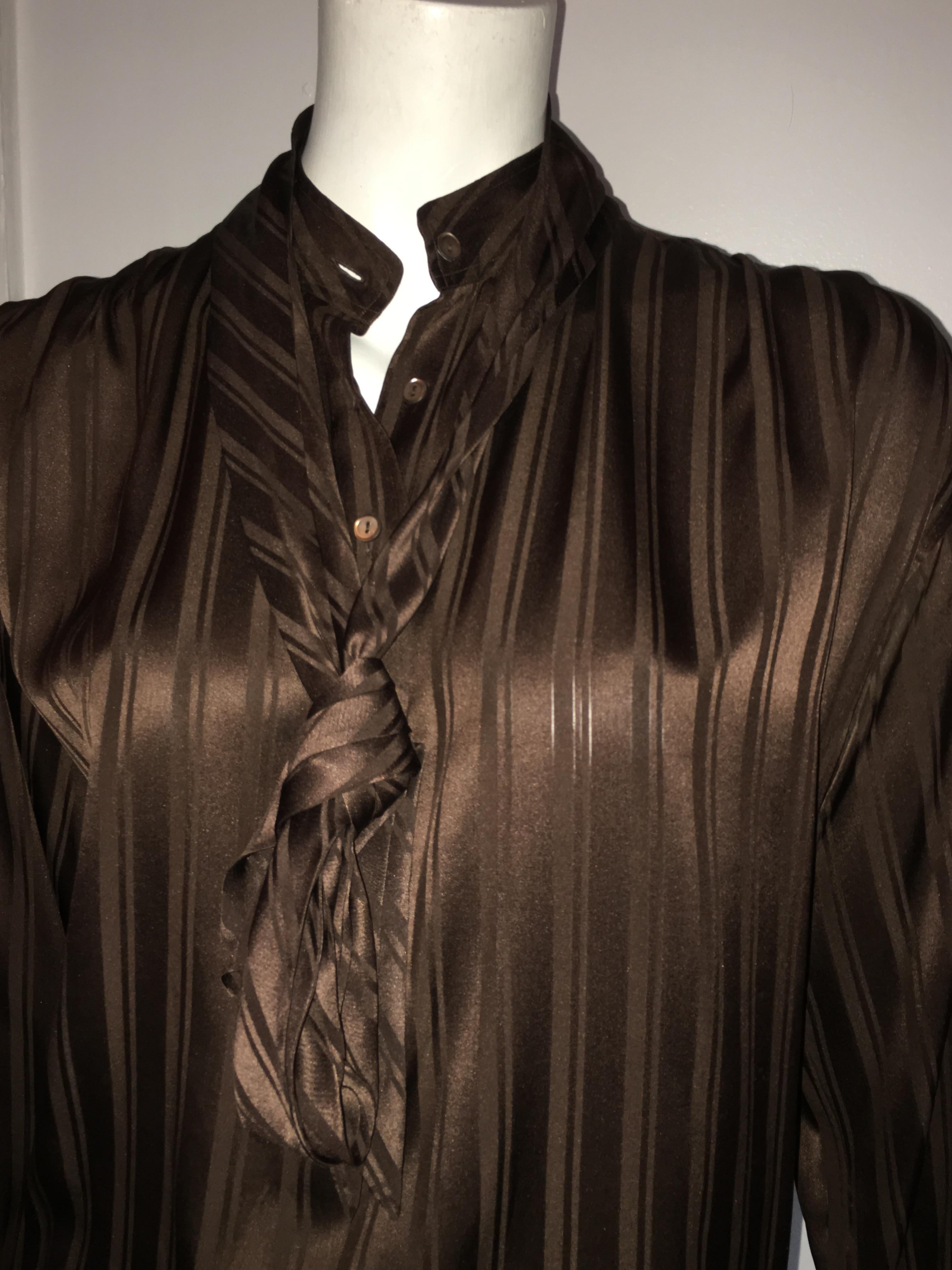 Yves Saint Laurent Rive Gauche 1970s Brown Silk Blouse with Tie Size Large.  For Sale 9