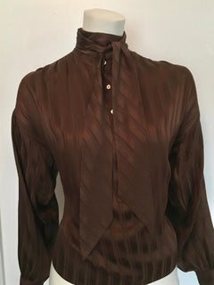 Yves Saint Laurent Rive Gauche 1970s Brown Silk Blouse with Tie Size Large.