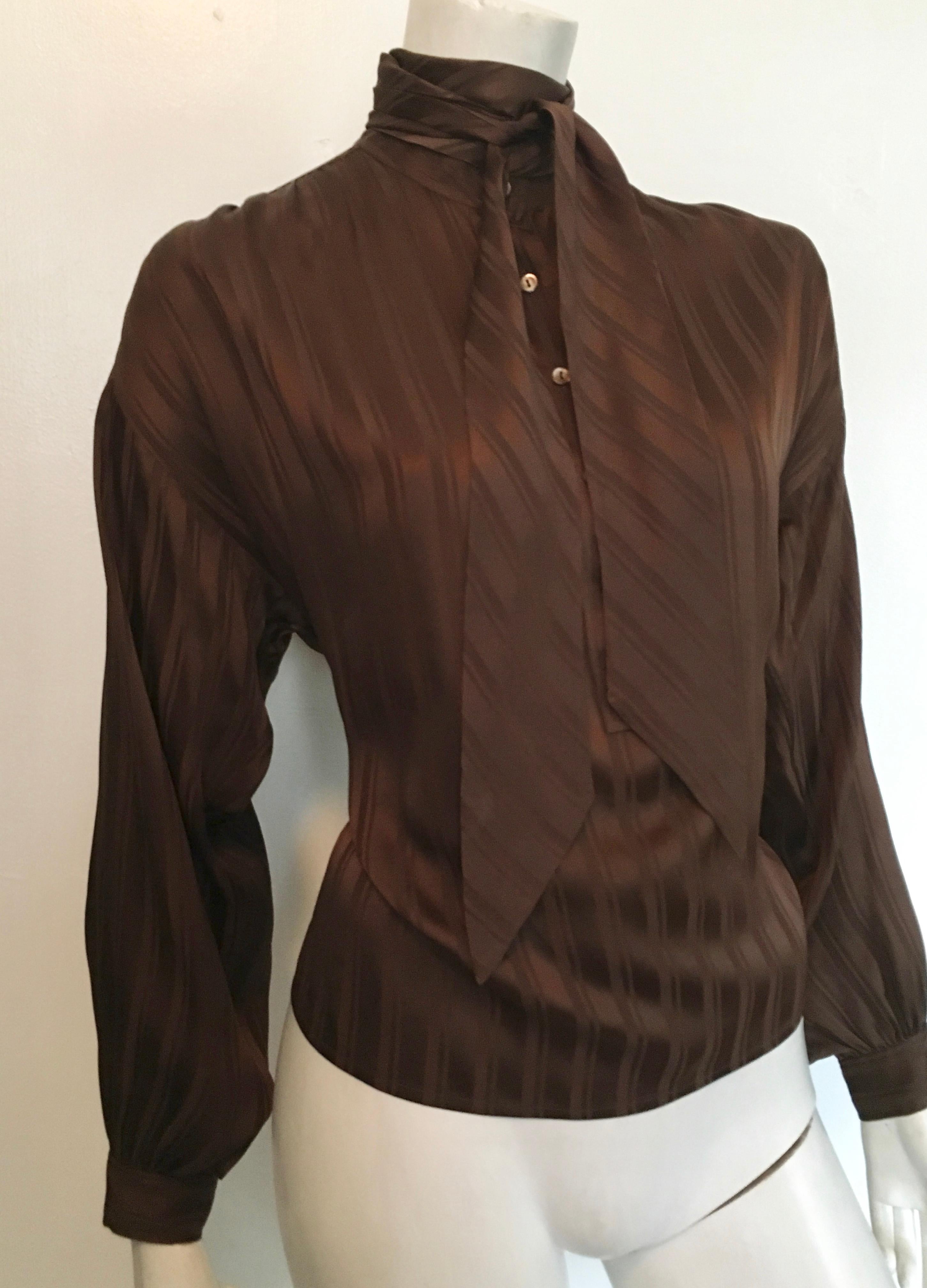 Black Yves Saint Laurent Rive Gauche 1970s Brown Silk Blouse with Tie Size Large.  For Sale