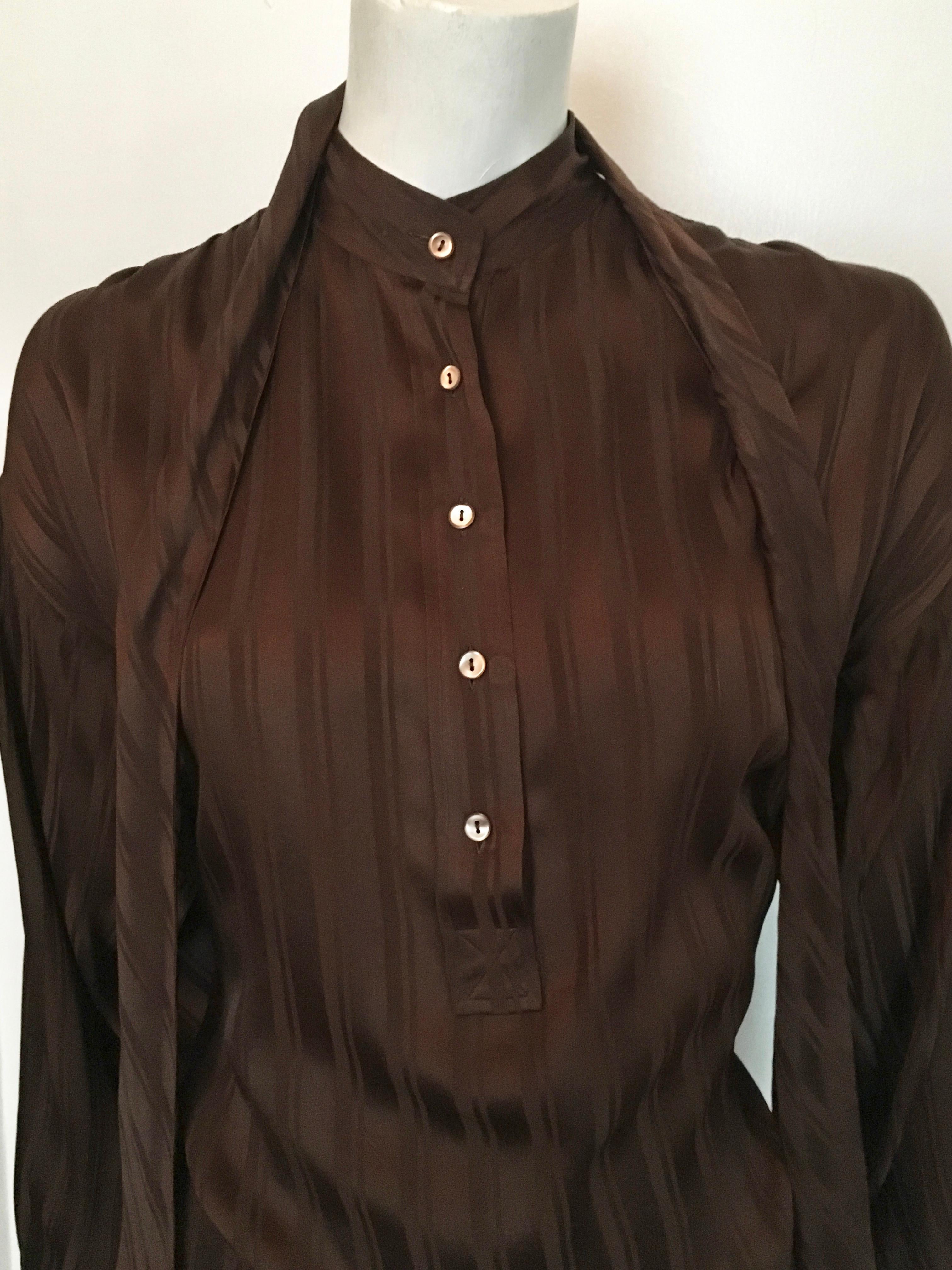 Yves Saint Laurent Rive Gauche 1970s Brown Silk Blouse with Tie Size Large.  In Good Condition For Sale In Atlanta, GA