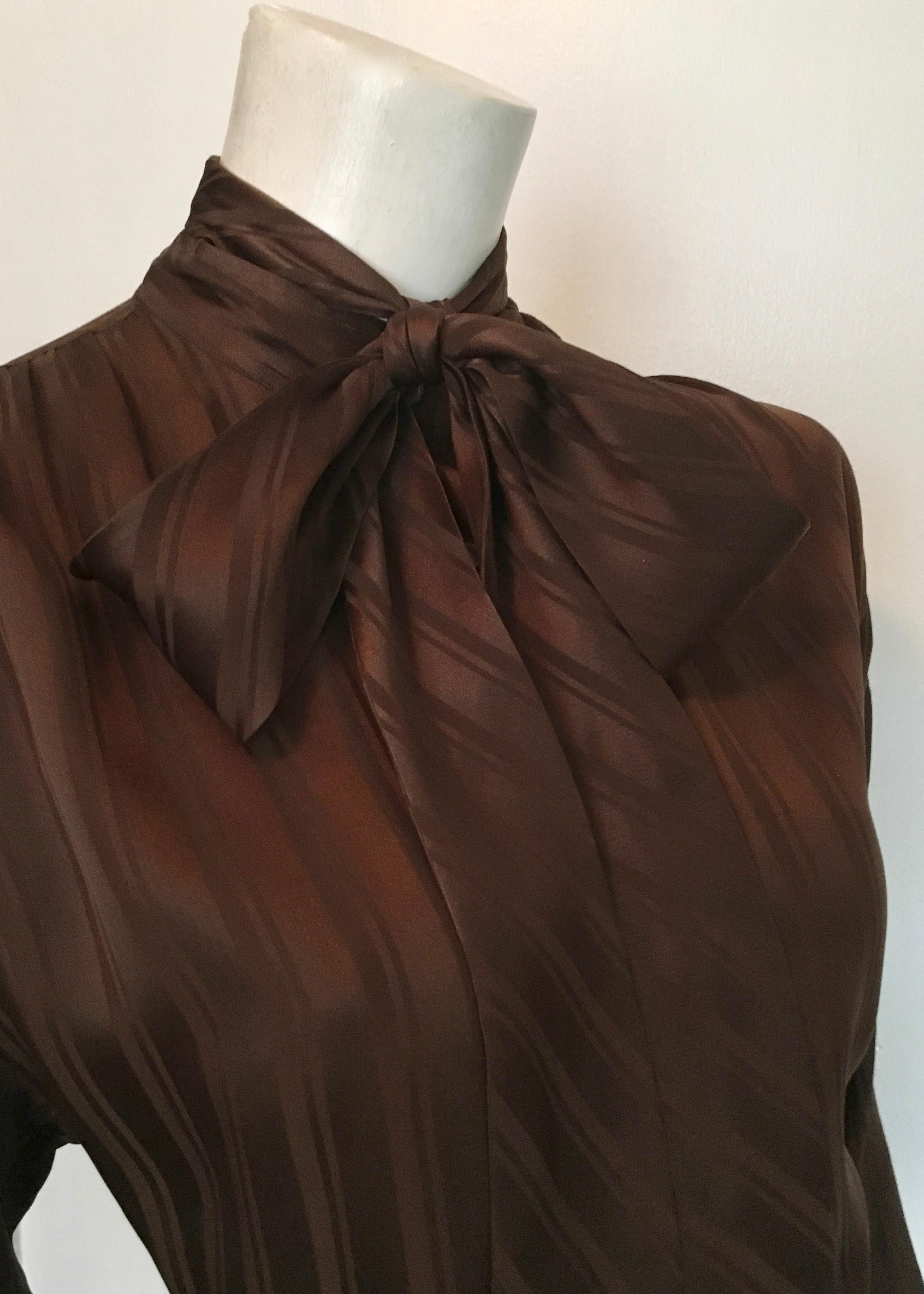 Women's or Men's Yves Saint Laurent Rive Gauche 1970s Brown Silk Blouse with Tie Size Large.  For Sale