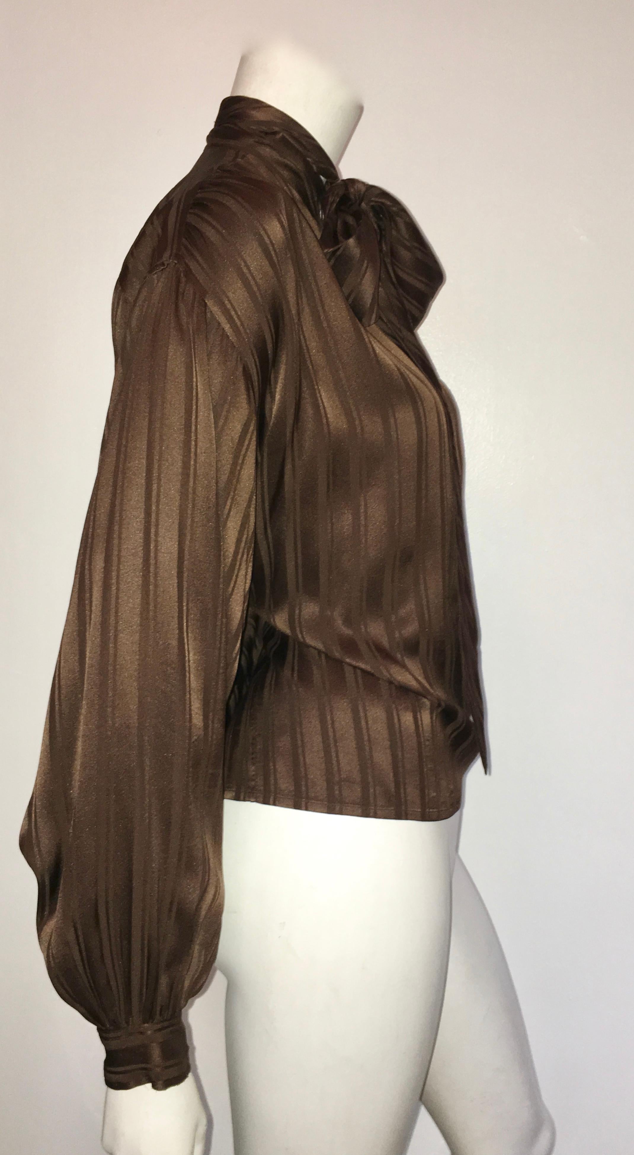 Yves Saint Laurent Rive Gauche 1970s Brown Silk Blouse with Tie Size Large.  For Sale 1