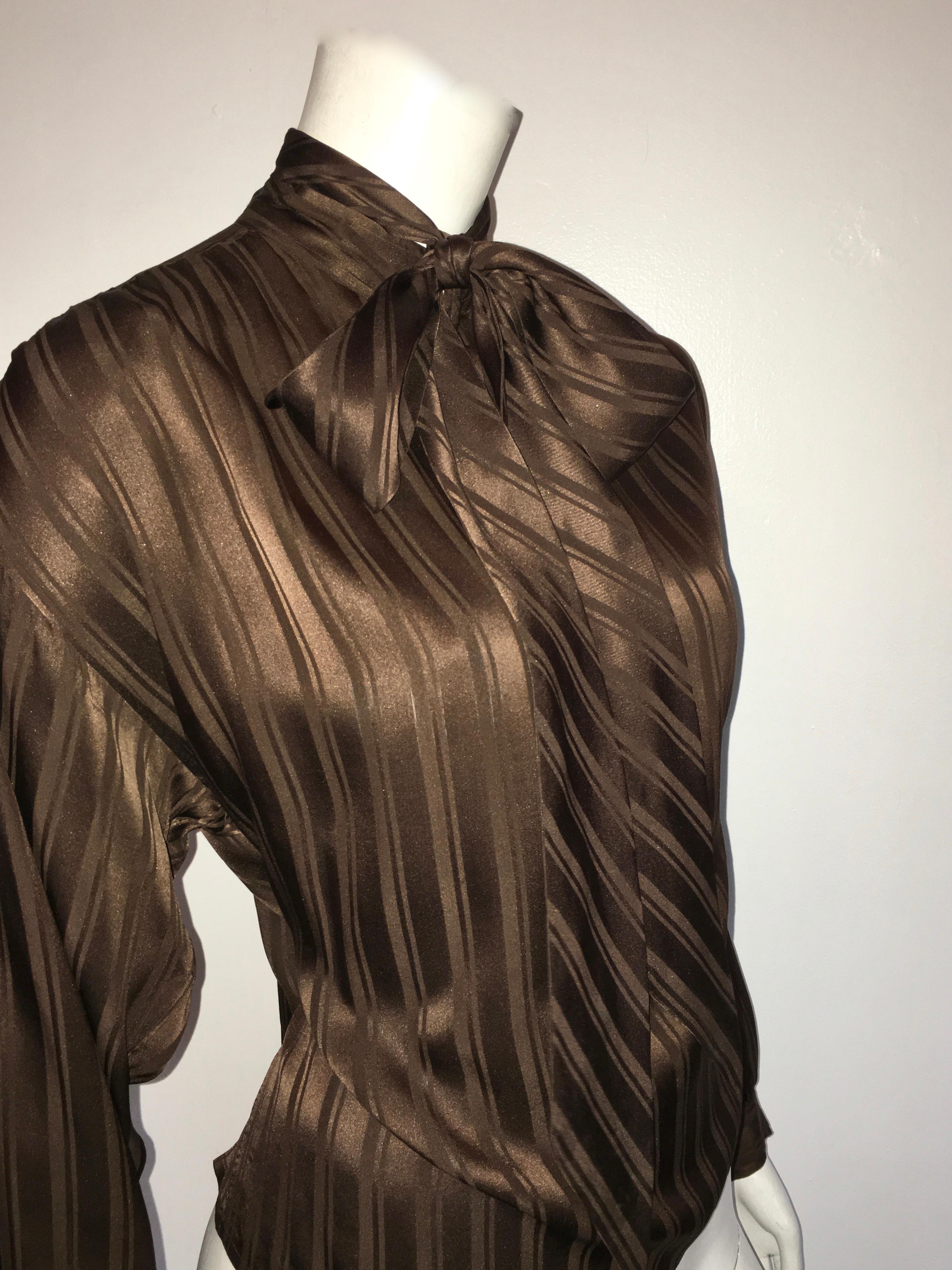 Yves Saint Laurent Rive Gauche 1970s Brown Silk Blouse with Tie Size Large.  For Sale 2