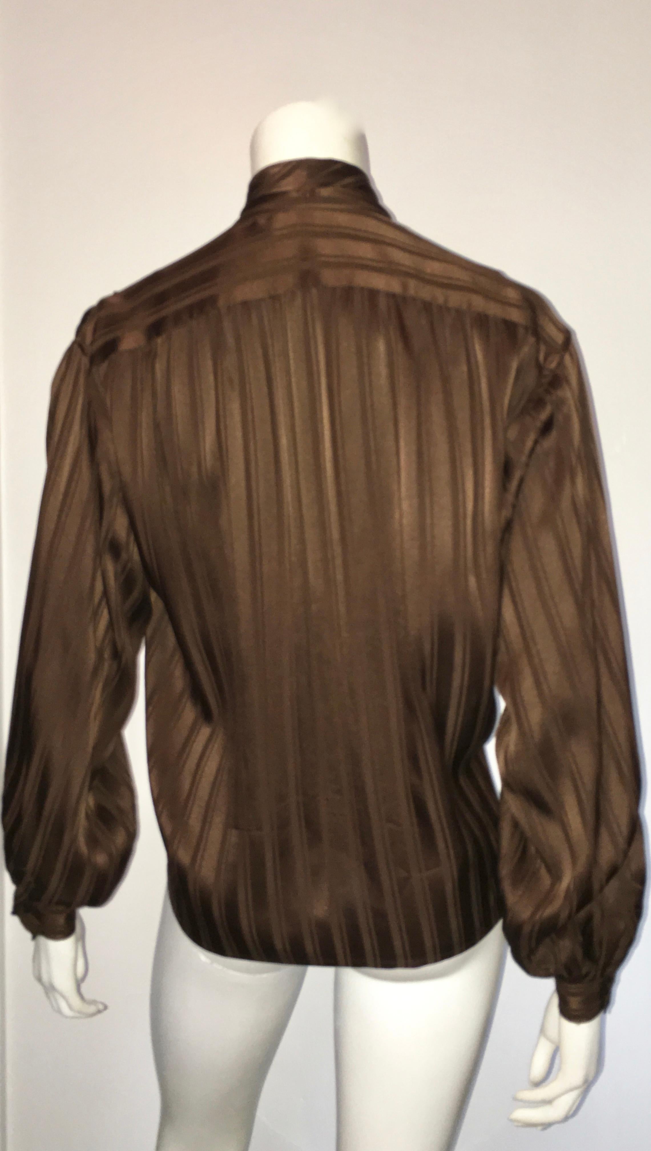 Yves Saint Laurent Rive Gauche 1970s Brown Silk Blouse with Tie Size Large.  For Sale 3