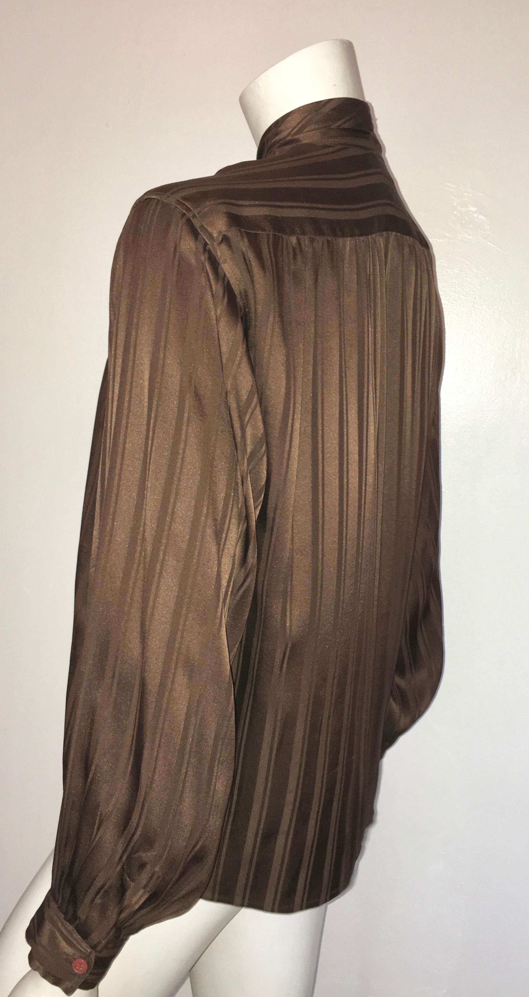 Yves Saint Laurent Rive Gauche 1970s Brown Silk Blouse with Tie Size Large.  For Sale 4