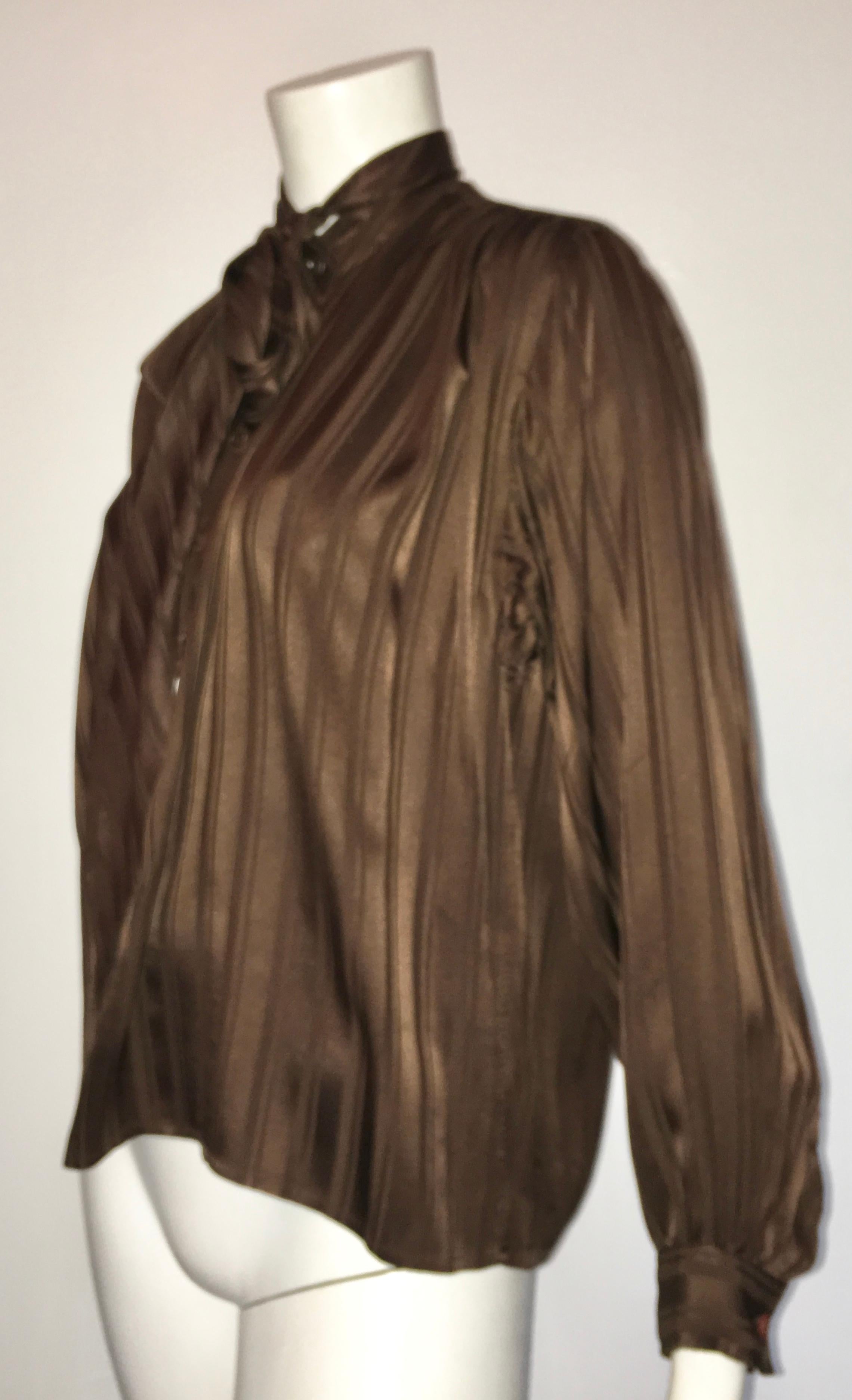 Yves Saint Laurent Rive Gauche 1970s Brown Silk Blouse with Tie Size Large.  For Sale 5