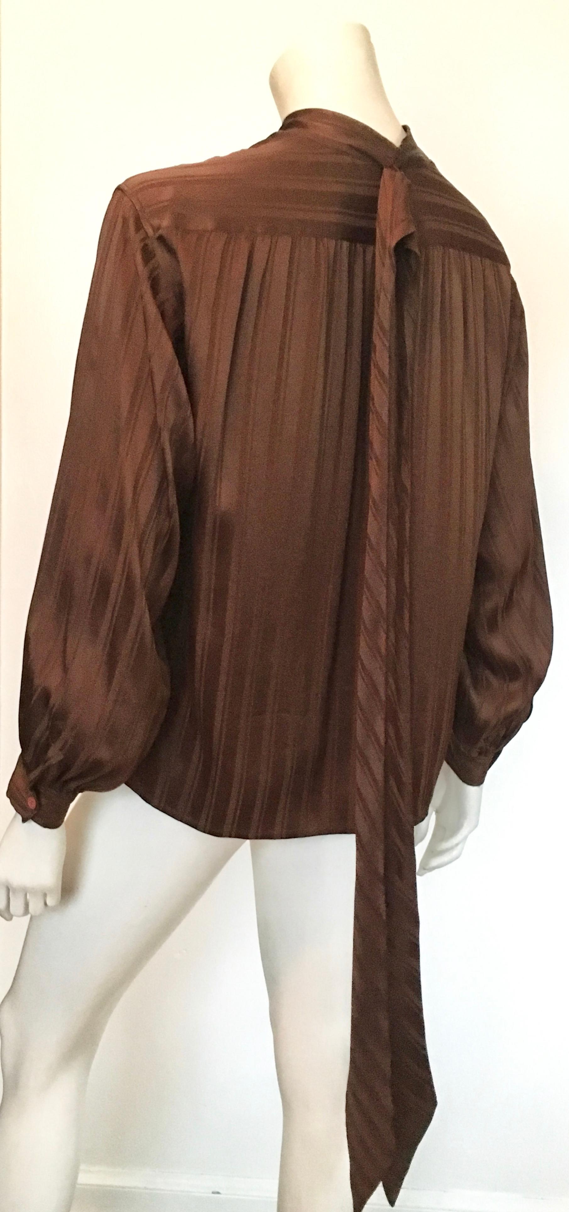 Yves Saint Laurent Rive Gauche 1970s Brown Silk Blouse with Tie Size Large.  For Sale 6