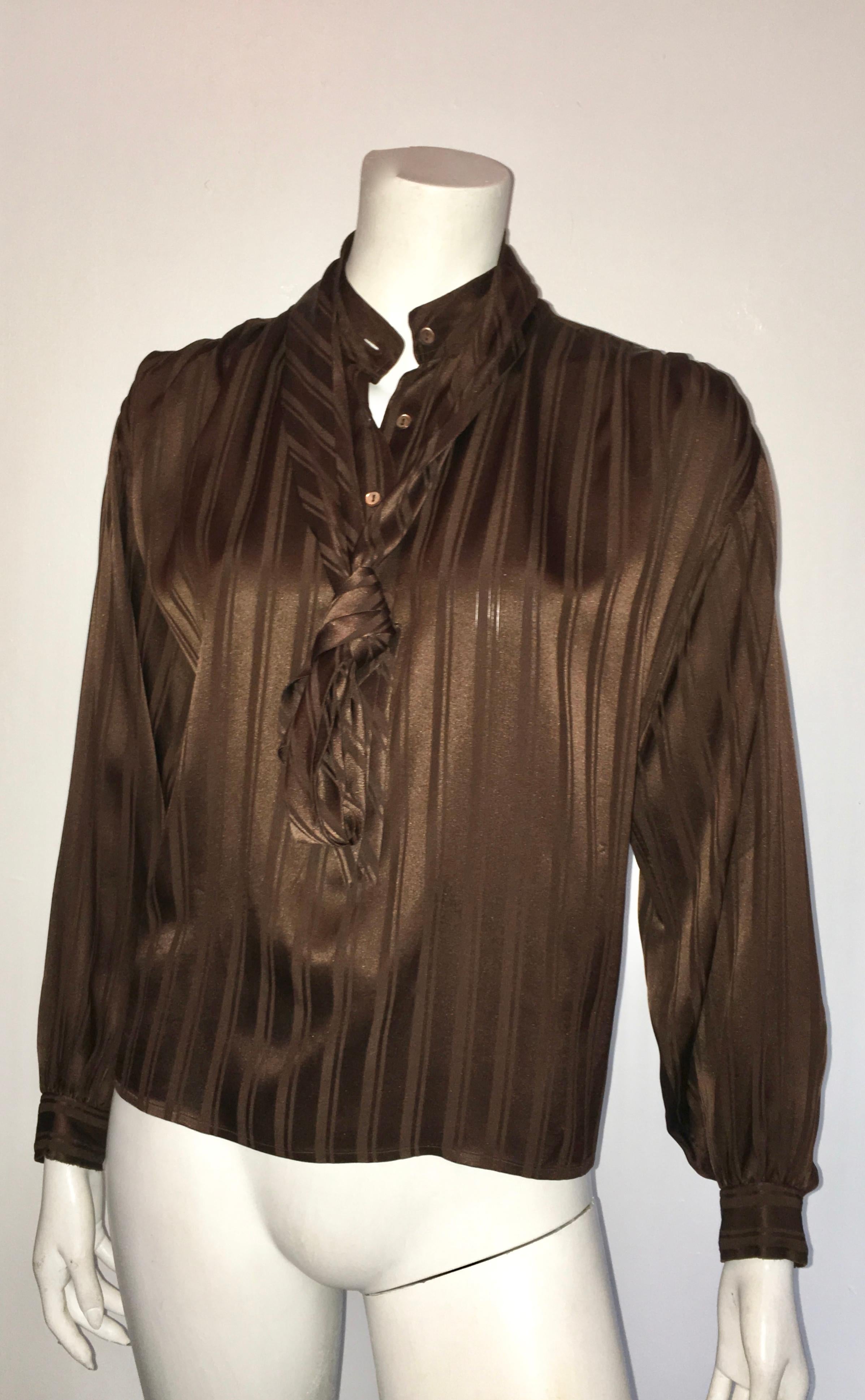Yves Saint Laurent Rive Gauche 1970s Brown Silk Blouse with Tie Size Large.  For Sale 7