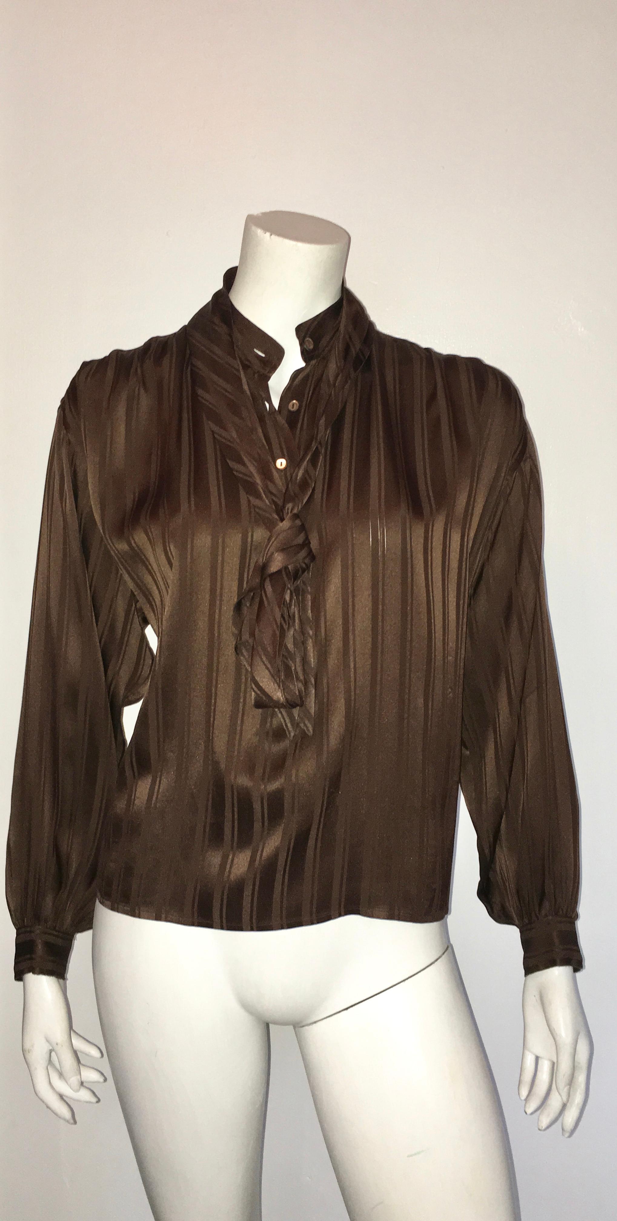 Yves Saint Laurent Rive Gauche 1970s Brown Silk Blouse with Tie Size Large.  For Sale 8