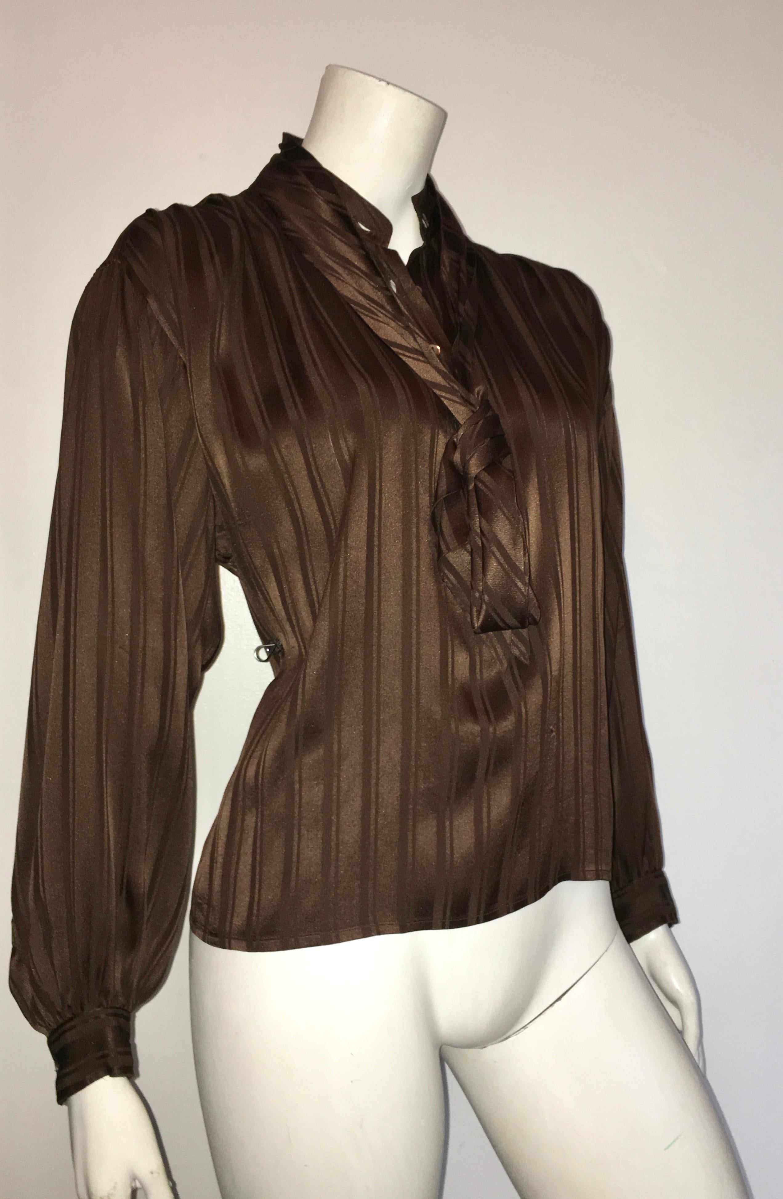 Yves Saint Laurent Rive Gauche 1970s Brown Silk Blouse with Tie Size Large.  For Sale 10