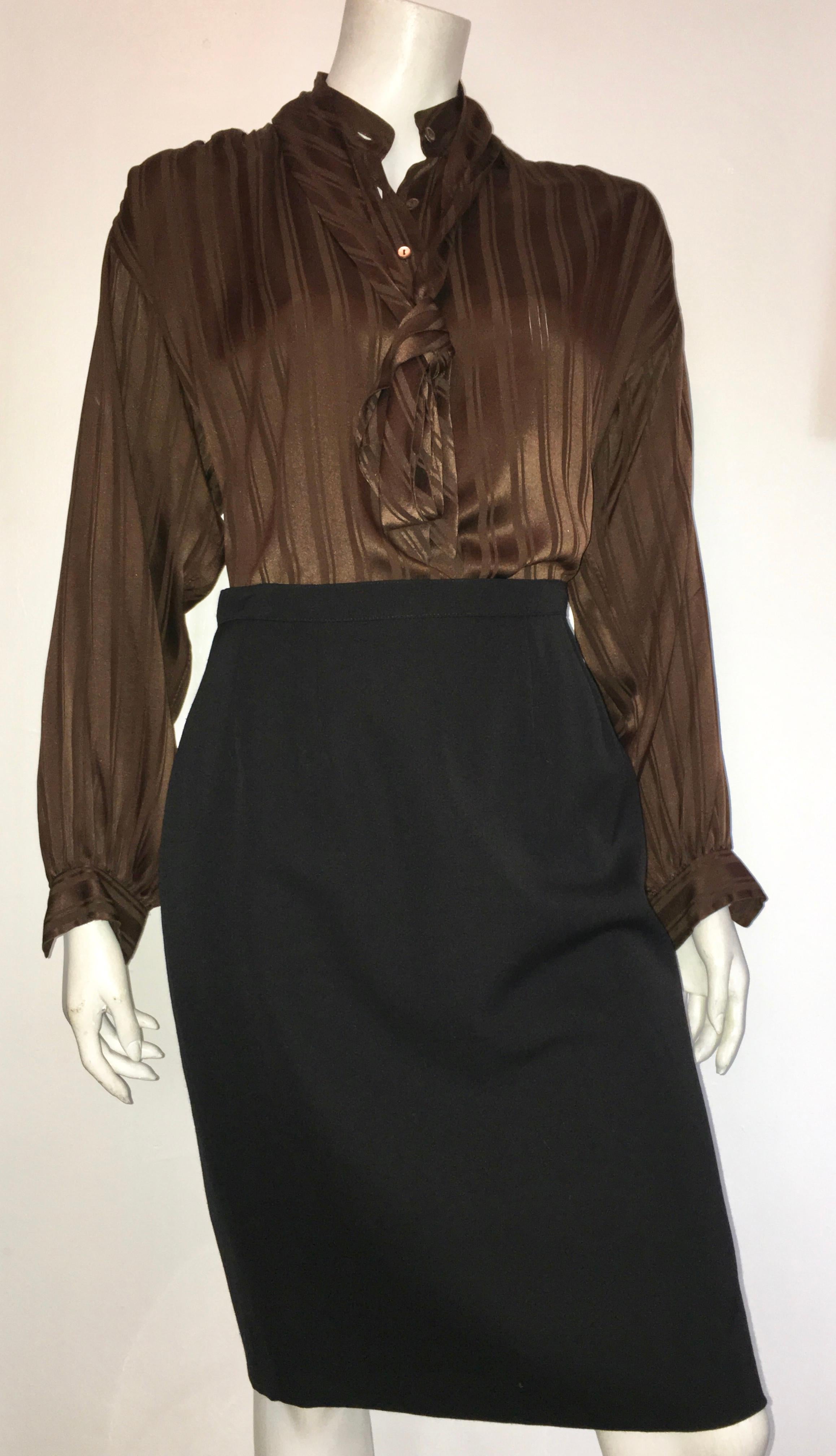 Yves Saint Laurent Rive Gauche 1970s Brown Silk Blouse with Tie Size Large.  For Sale 11