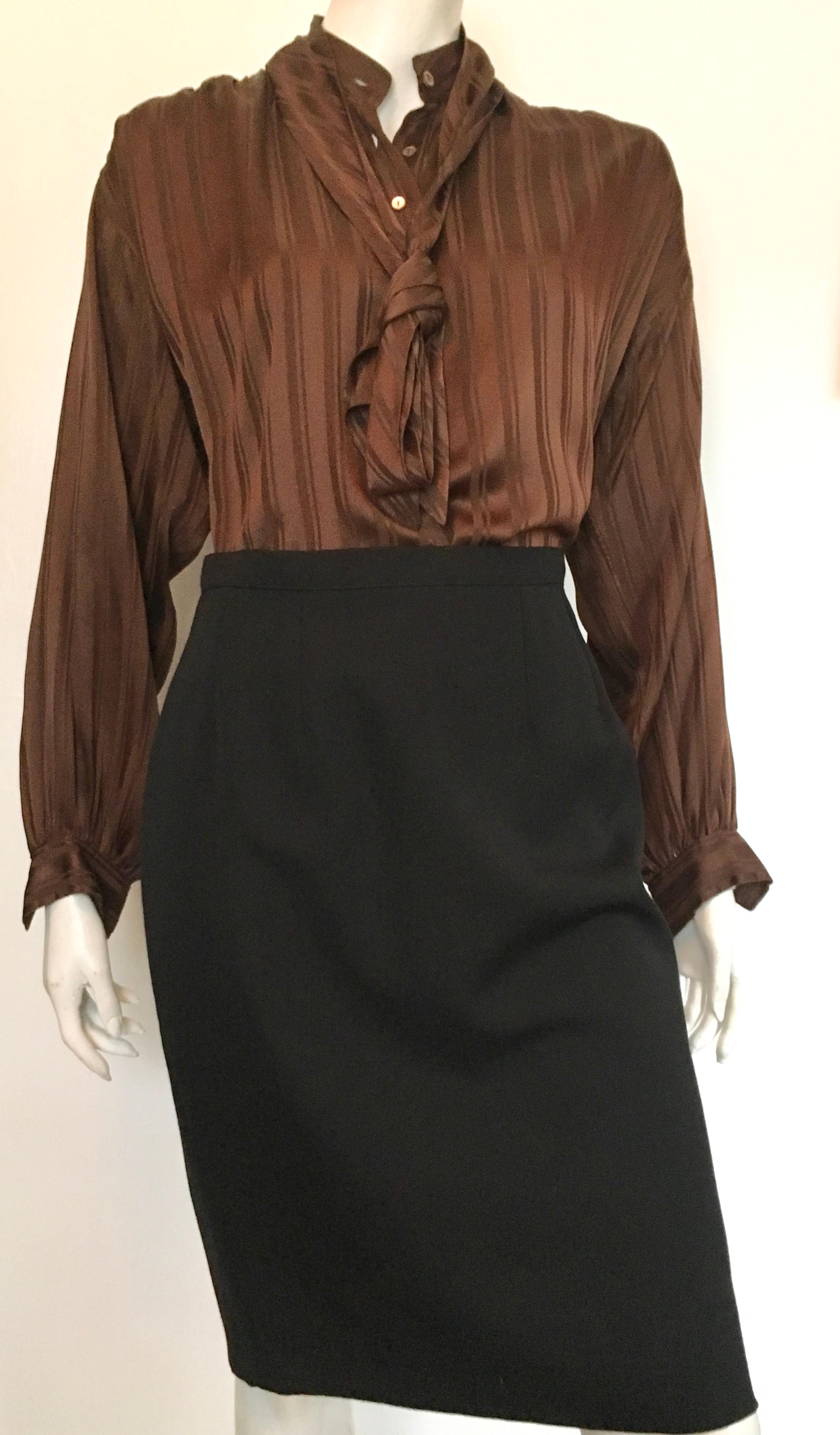 Yves Saint Laurent Rive Gauche 1970s Brown Silk Blouse with Tie Size Large.  For Sale 12