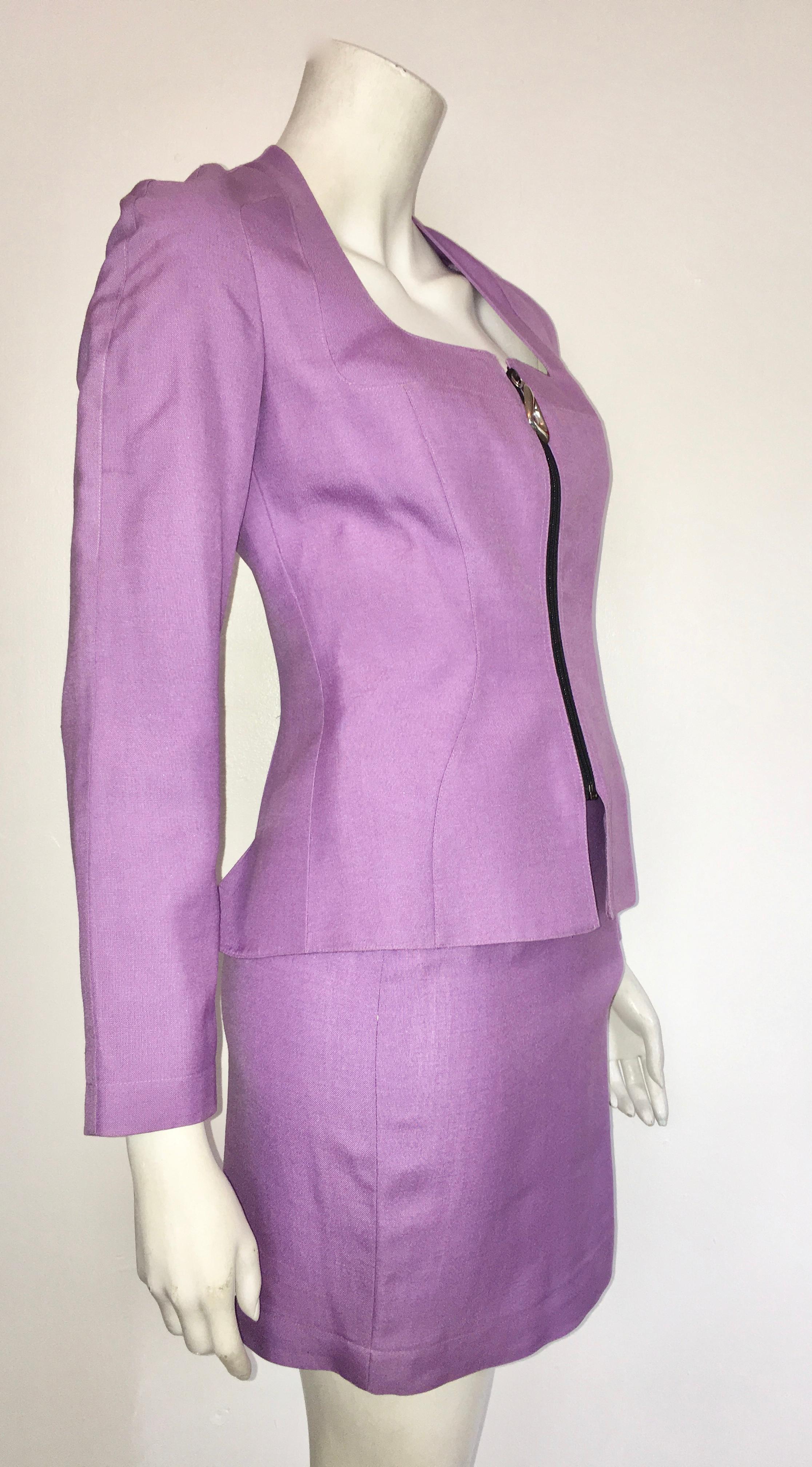 Purple Thierry Mugler 1990s Lilac Linen Jacket & Skirt set Size 4.  For Sale