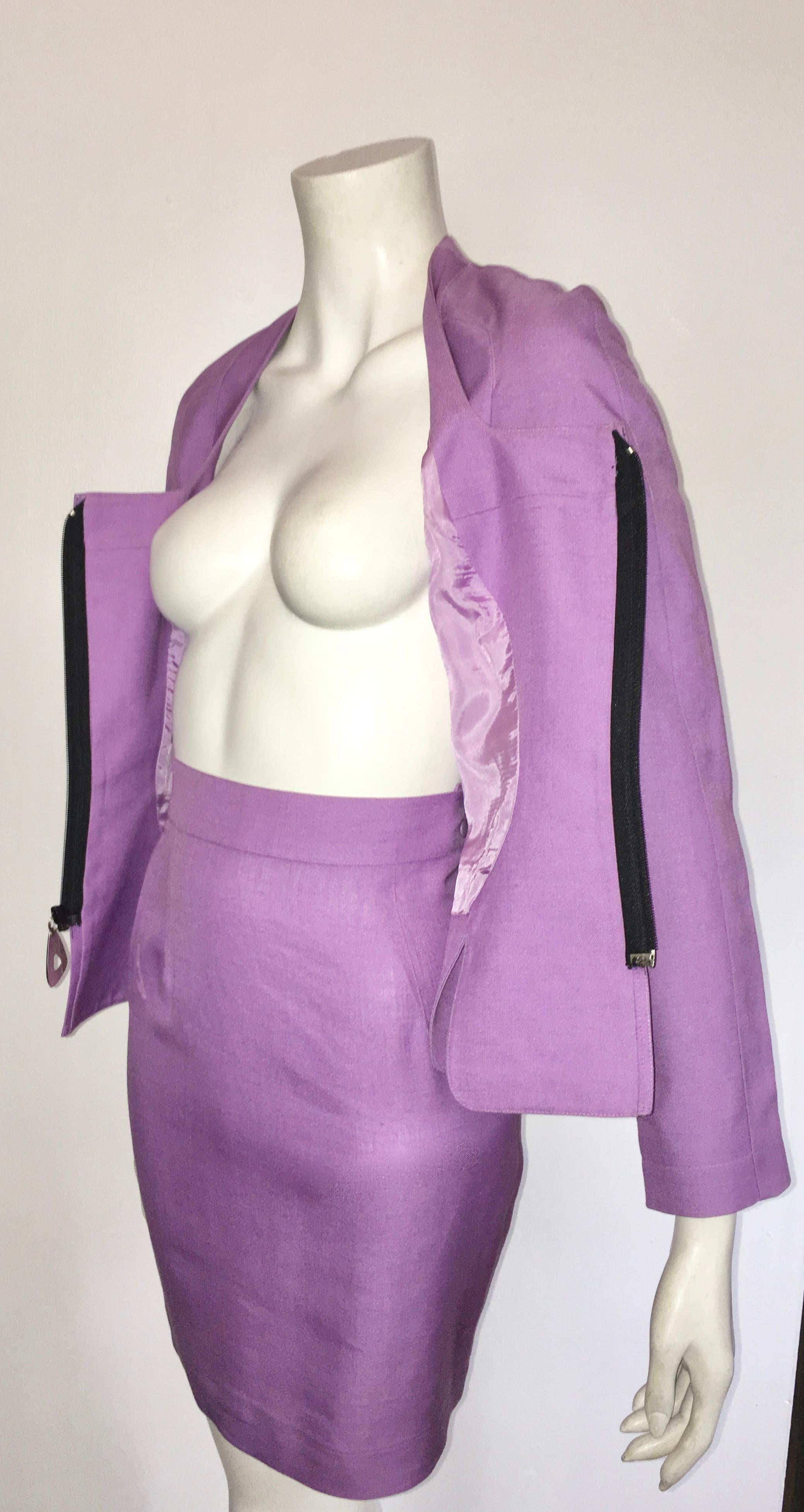 Thierry Mugler 1990s Lilac Linen Jacket & Skirt set Size 4.  For Sale 5