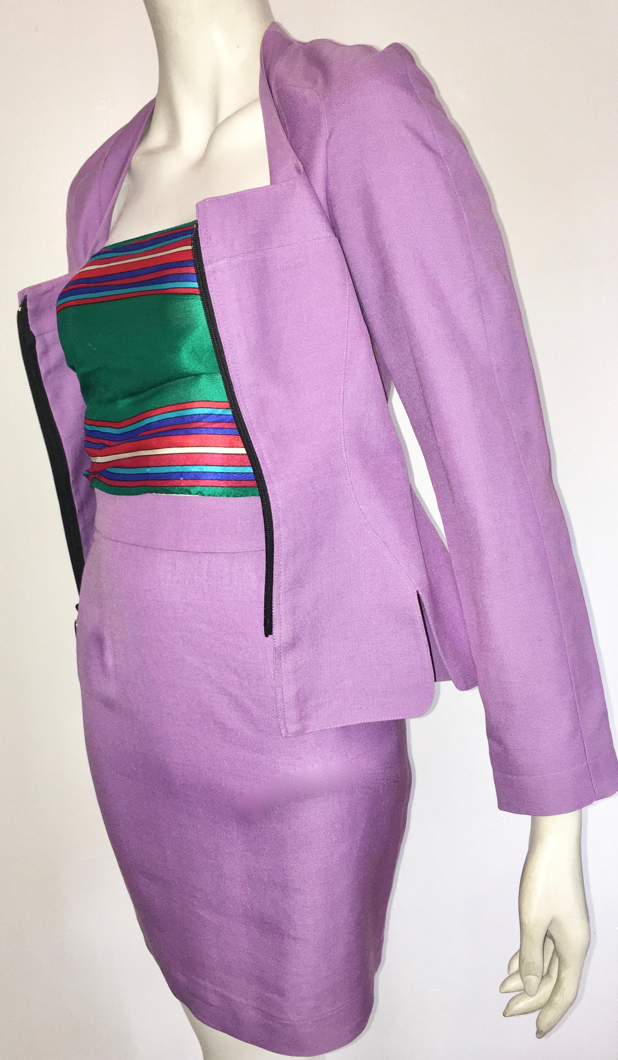 Thierry Mugler 1990s Lilac Linen Jacket & Skirt set Size 4.  For Sale 6