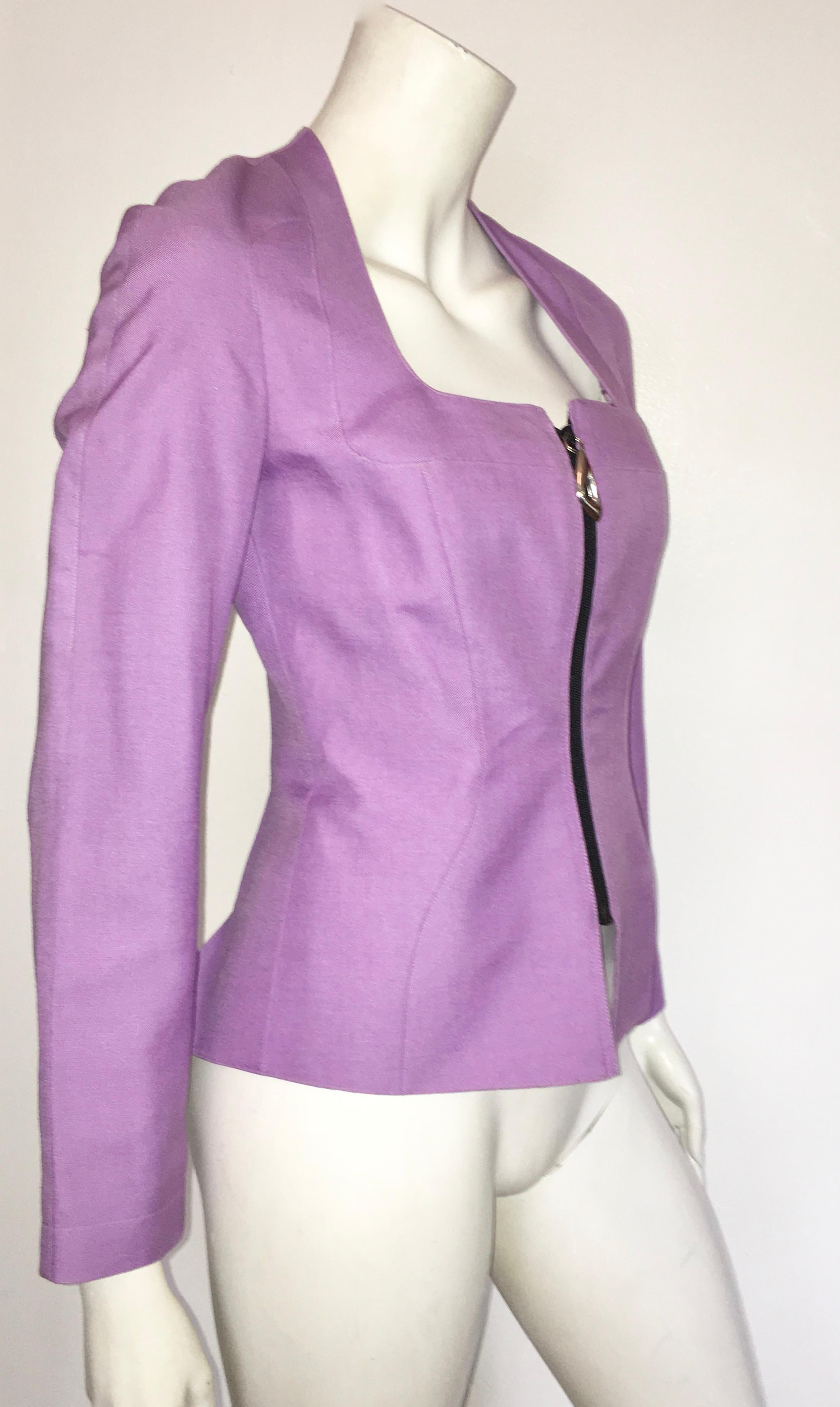 Thierry Mugler 1990s Lilac Linen Jacket & Skirt set Size 4.  For Sale 11