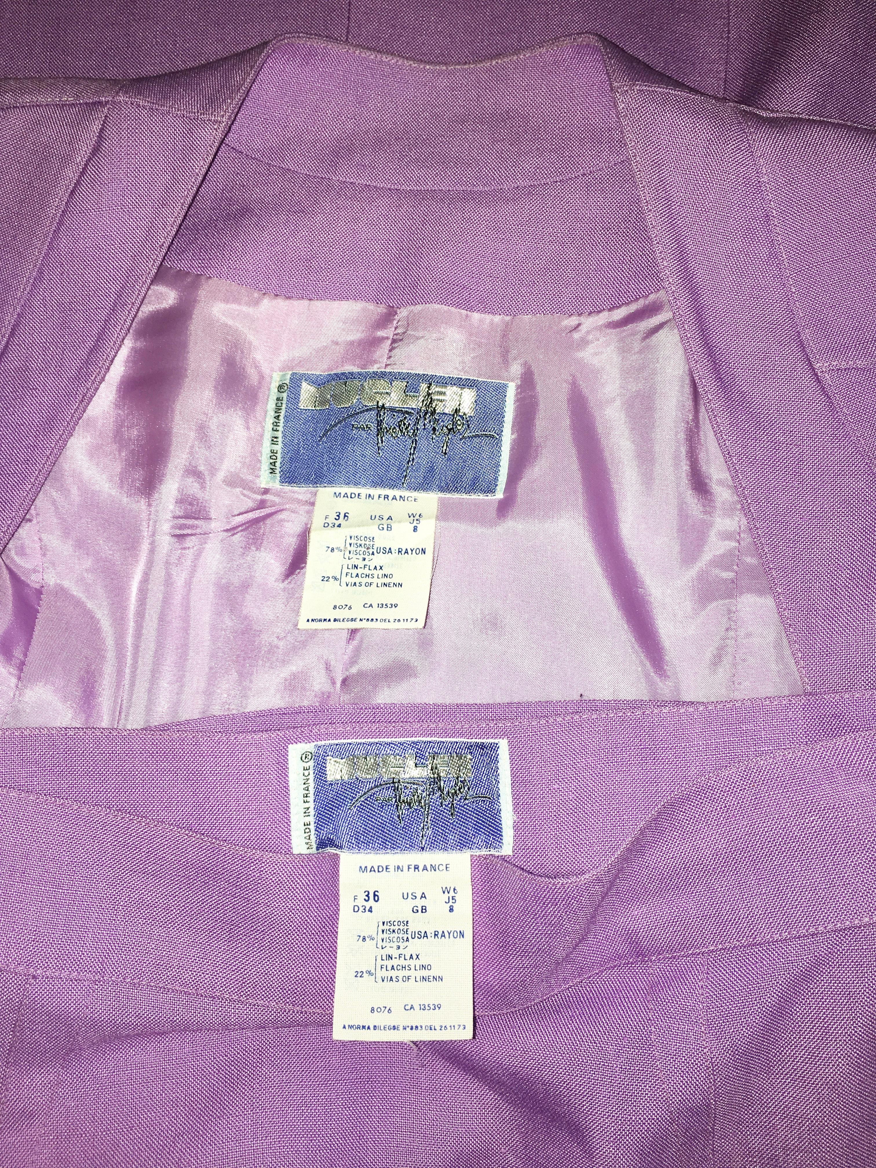 Thierry Mugler 1990s Lilac Linen Jacket & Skirt set Size 4.  For Sale 14