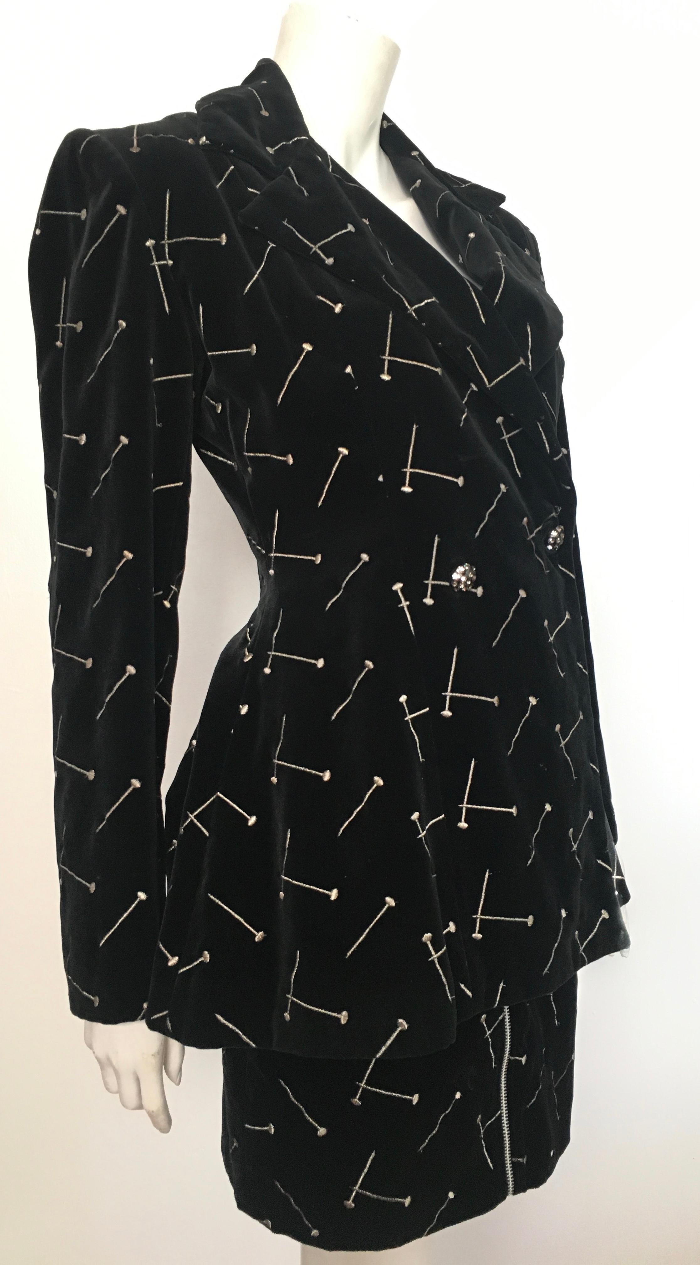 Patrick Kelly 1988 Black Velvet 'Nail' Skirt Suit Size 4. For Sale 3