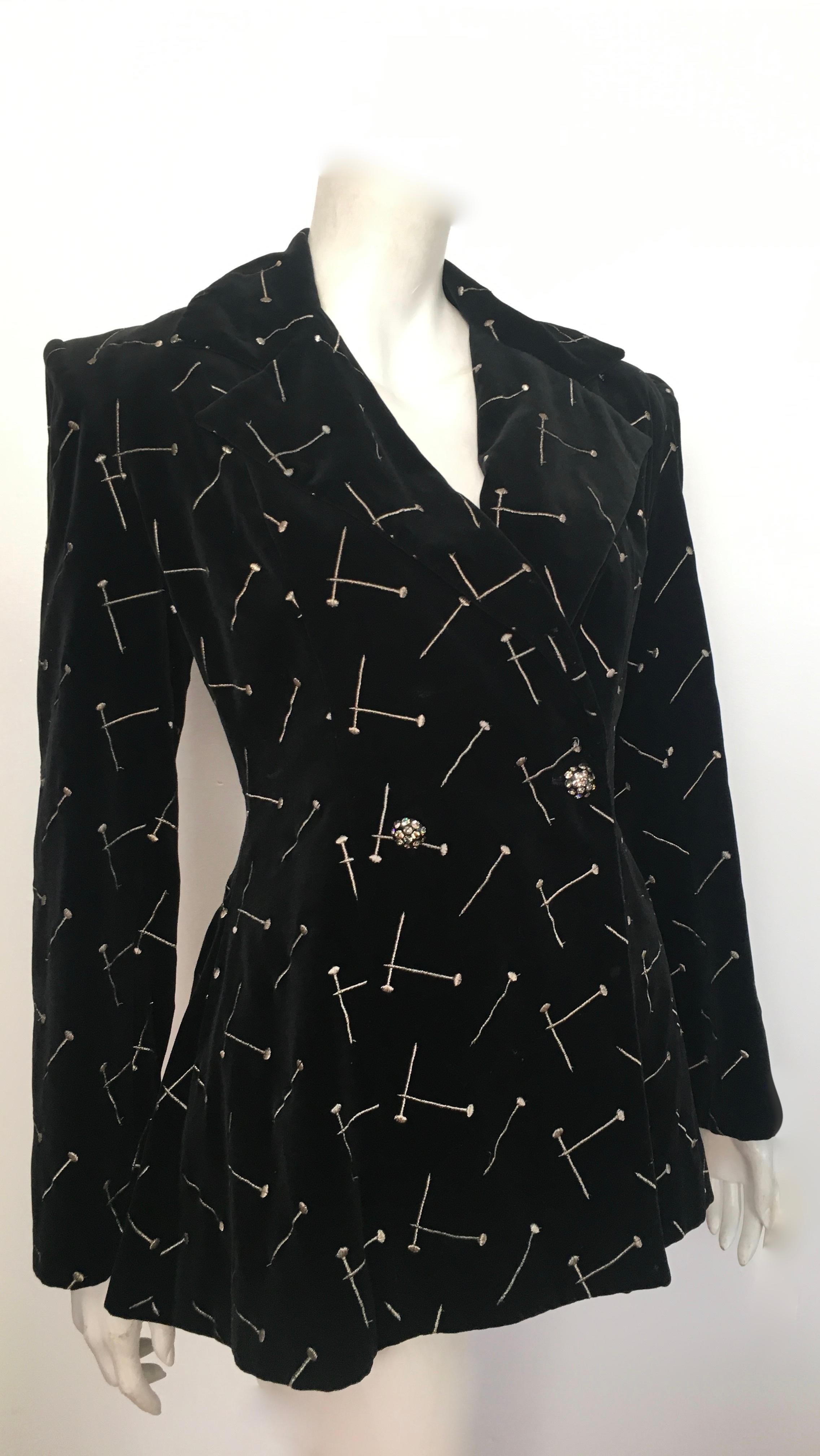 Patrick Kelly 1988 Black Velvet 'Nail' Skirt Suit Size 4. For Sale 12