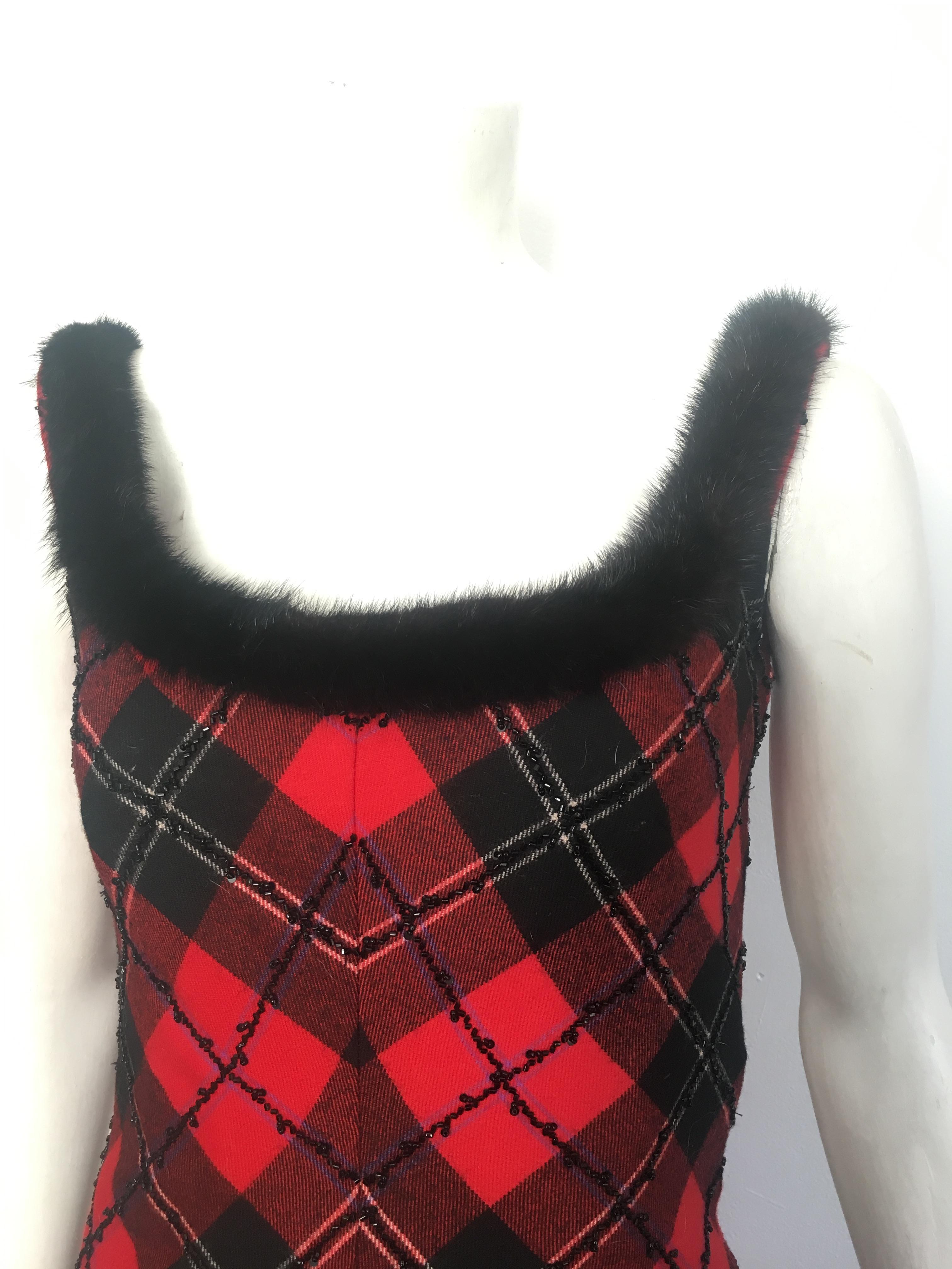 Black Bellville Sassoon Lorcan Mullany Plaid Wool Beaded with Mink Trim Dress Size 4. For Sale