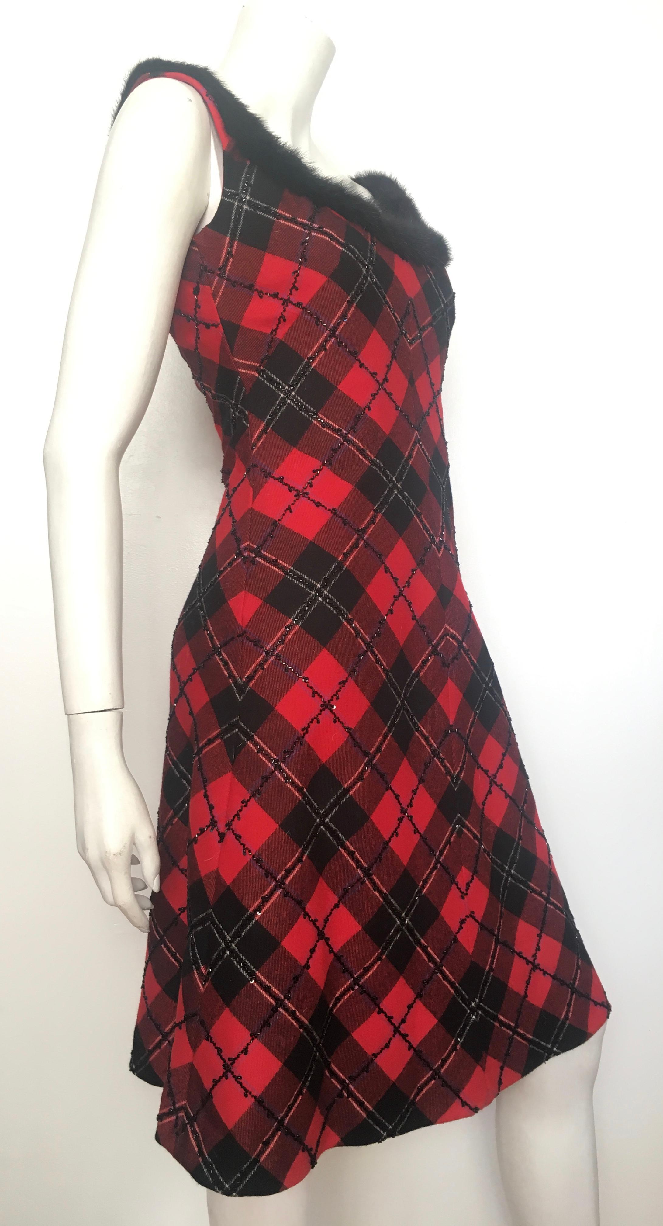 Bellville Sassoon Lorcan Mullany Plaid Wool Beaded with Mink Trim Dress Size 4. For Sale 3