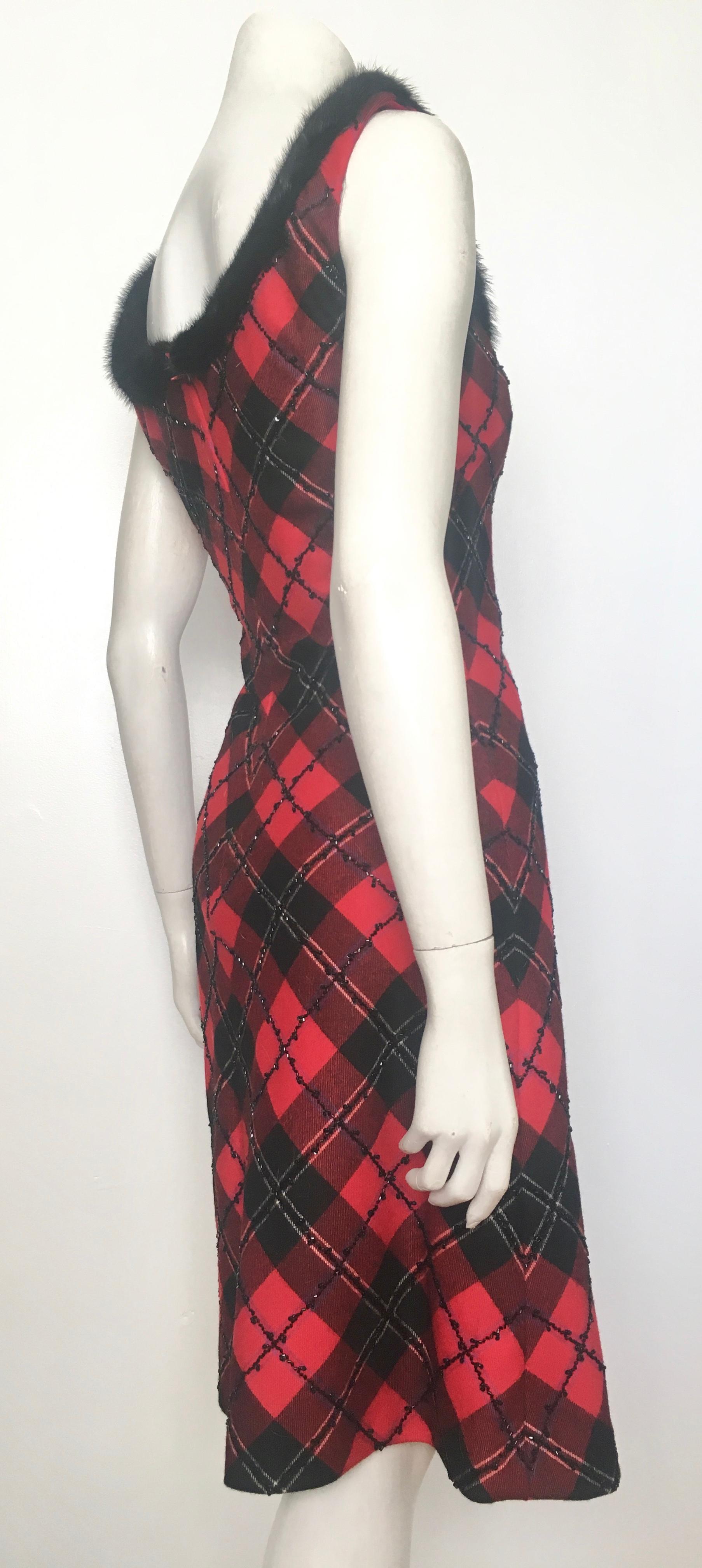 Bellville Sassoon Lorcan Mullany Plaid Wool Beaded with Mink Trim Dress Size 4. For Sale 4