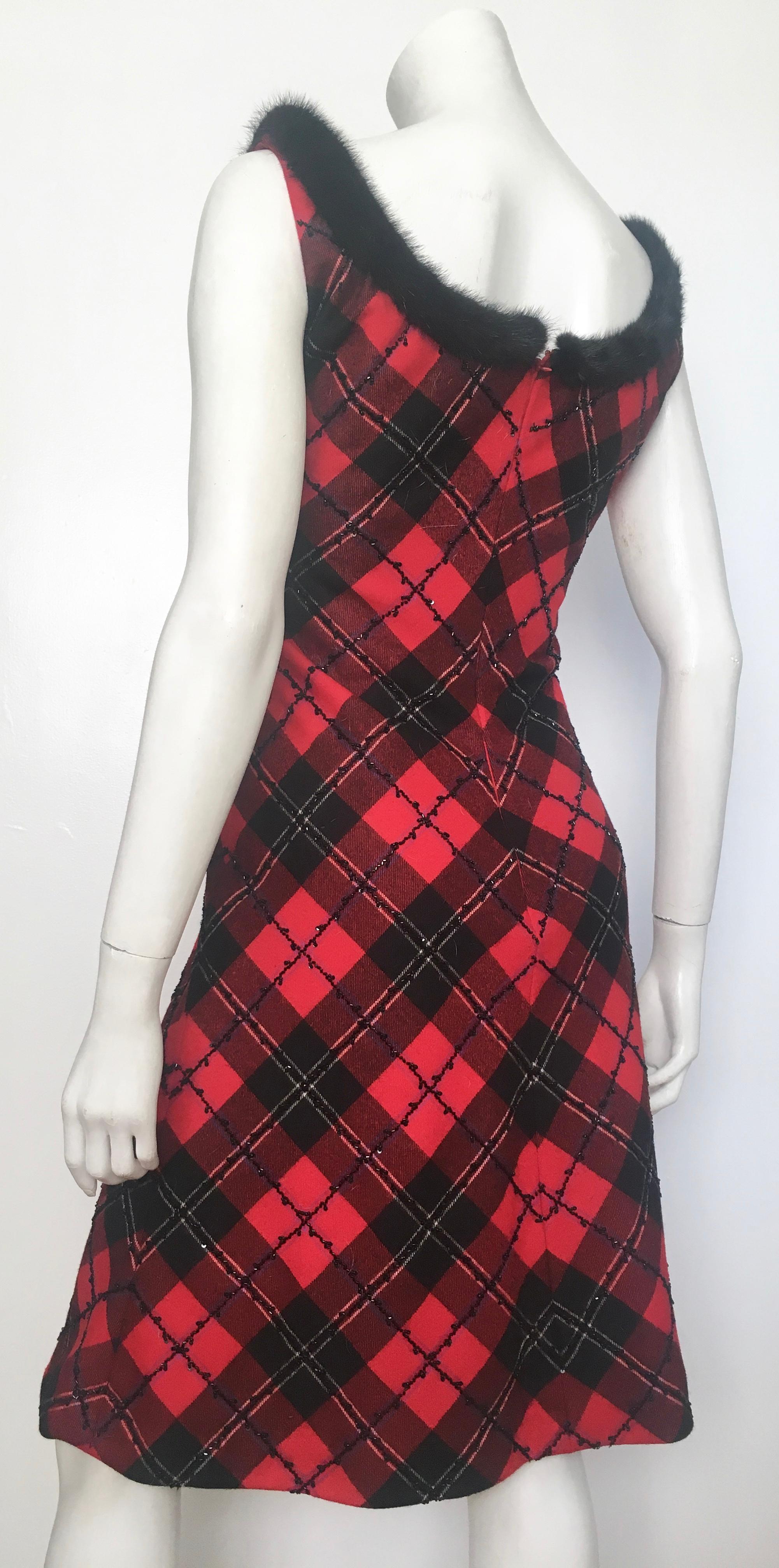 Bellville Sassoon Lorcan Mullany Plaid Wool Beaded with Mink Trim Dress Size 4. For Sale 5