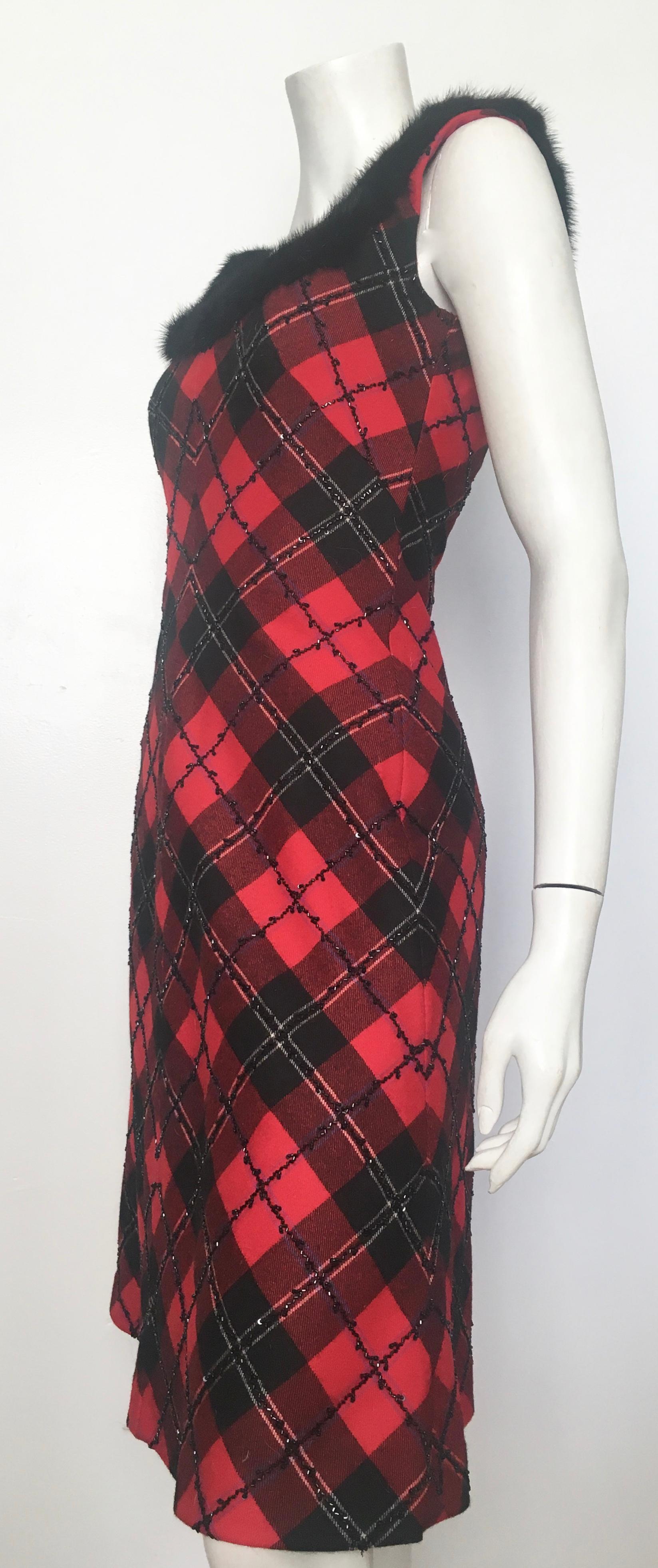 Bellville Sassoon Lorcan Mullany Plaid Wool Beaded with Mink Trim Dress Size 4. For Sale 6