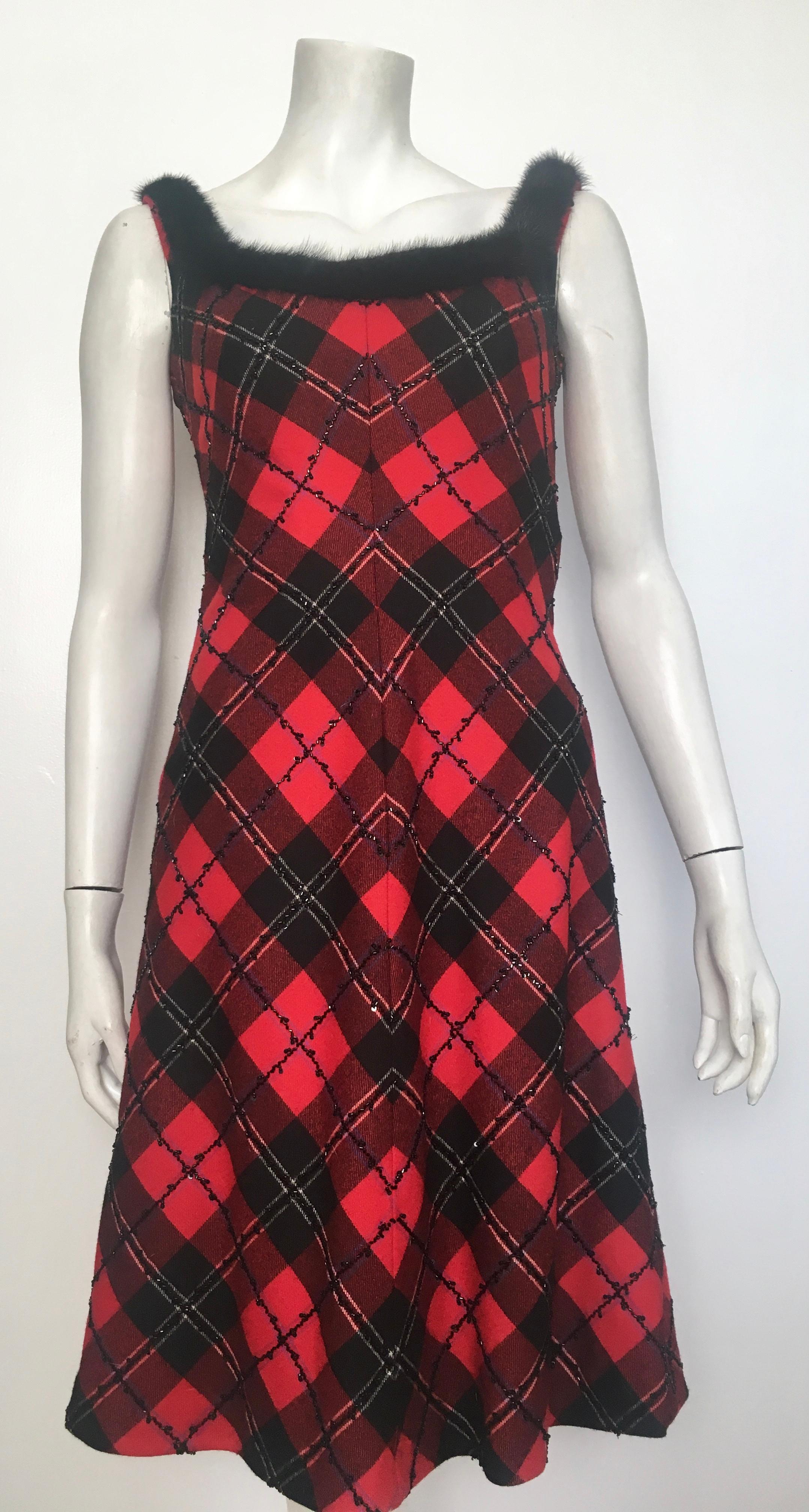 Bellville Sassoon Lorcan Mullany Plaid Wool Beaded with Mink Trim Dress Size 4. For Sale 7