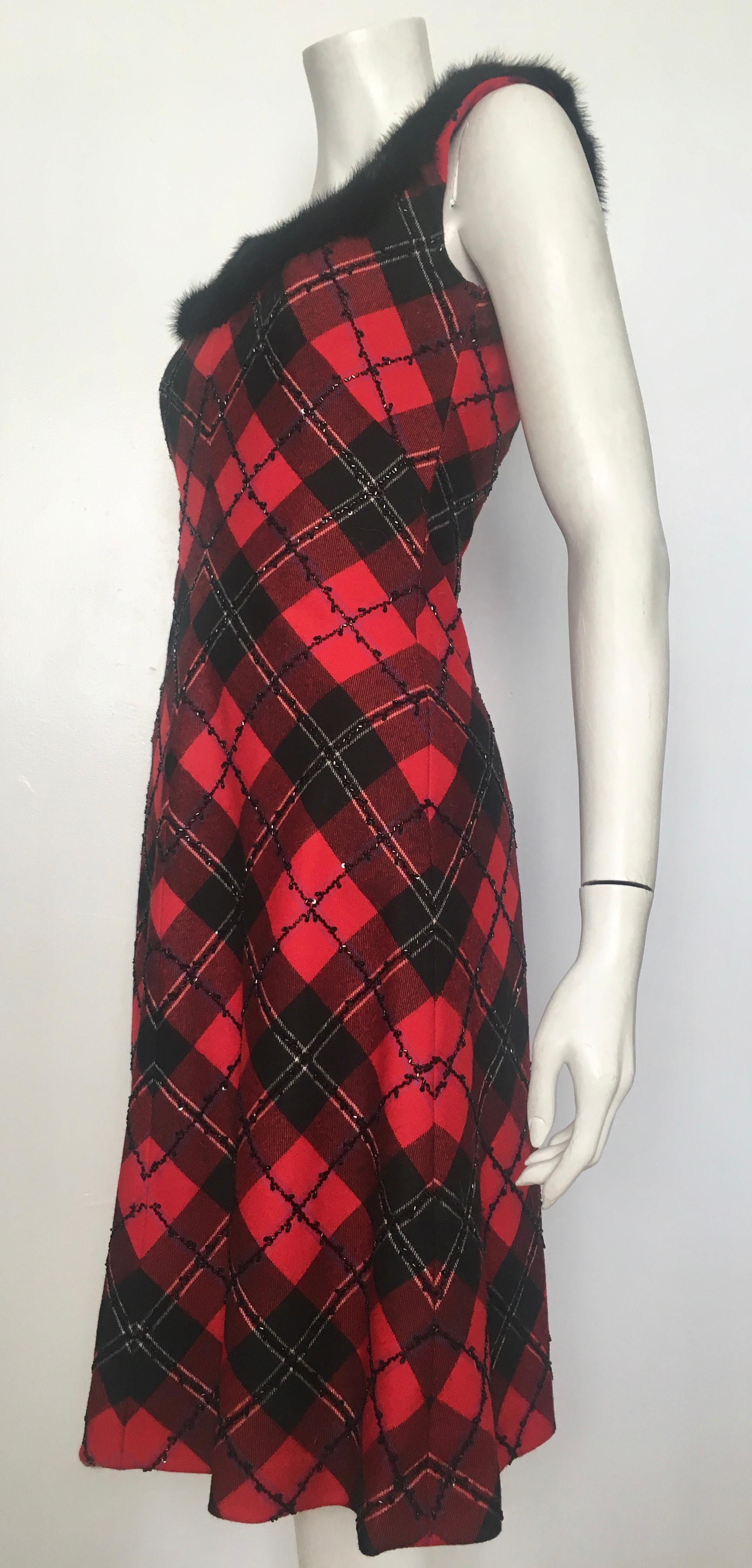 Bellville Sassoon Lorcan Mullany Plaid Wool Beaded with Mink Trim Dress Size 4. For Sale 9