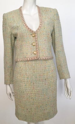 Ungaro 1980s Sea Foam Nubby Wool Skirt Suit Size 4.